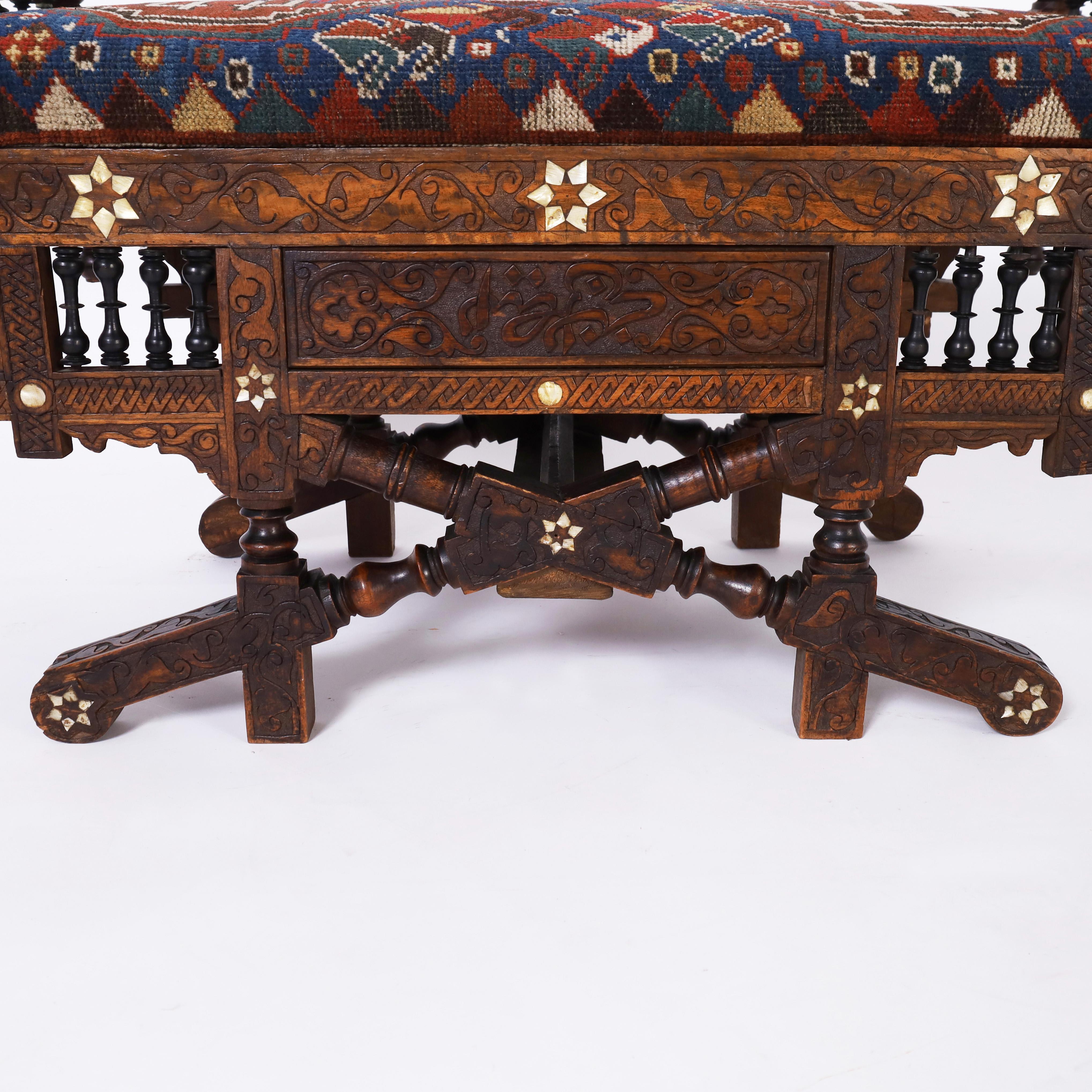 Antique Moroccan Carved and Inlaid Bench 1