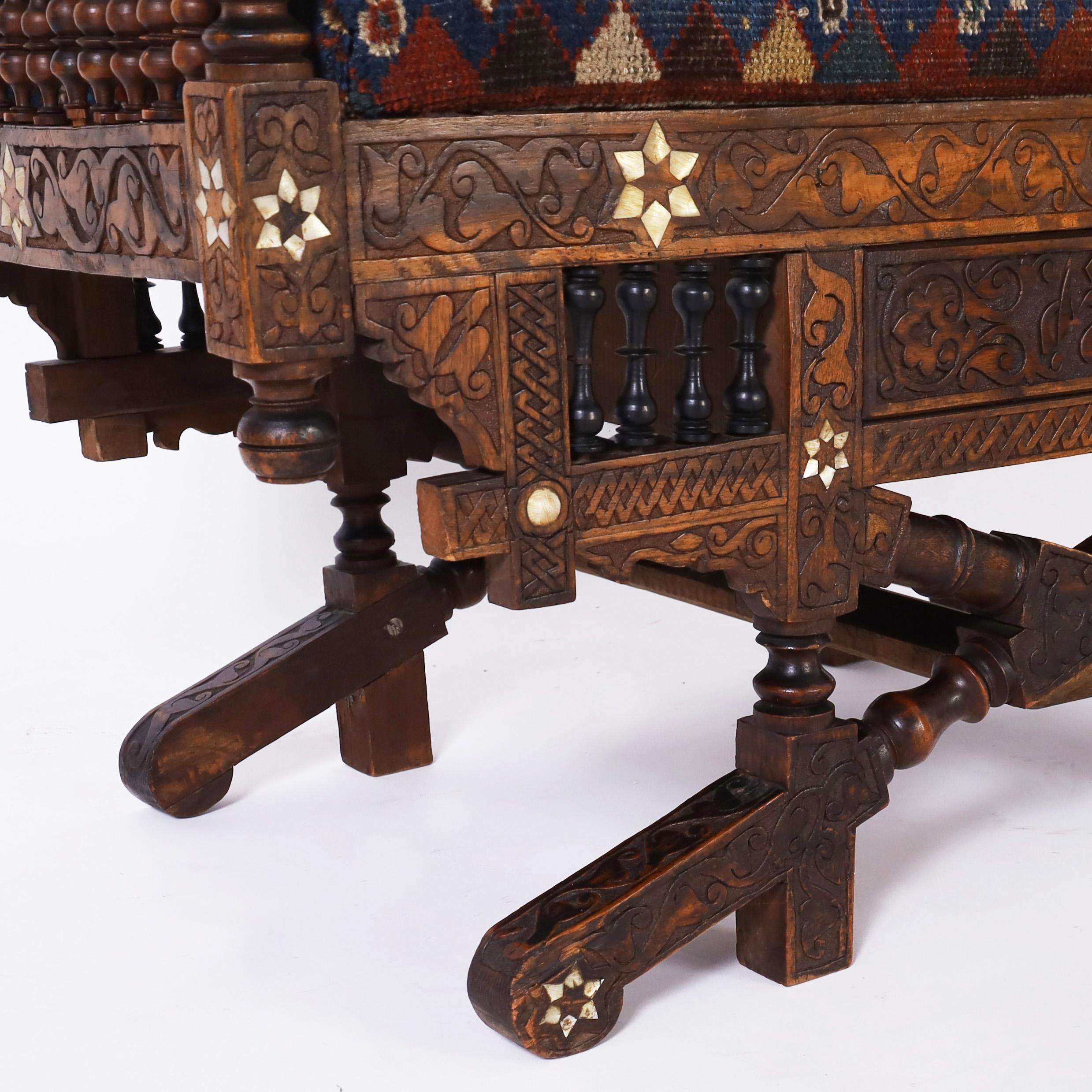 Antique Moroccan Carved and Inlaid Bench 2