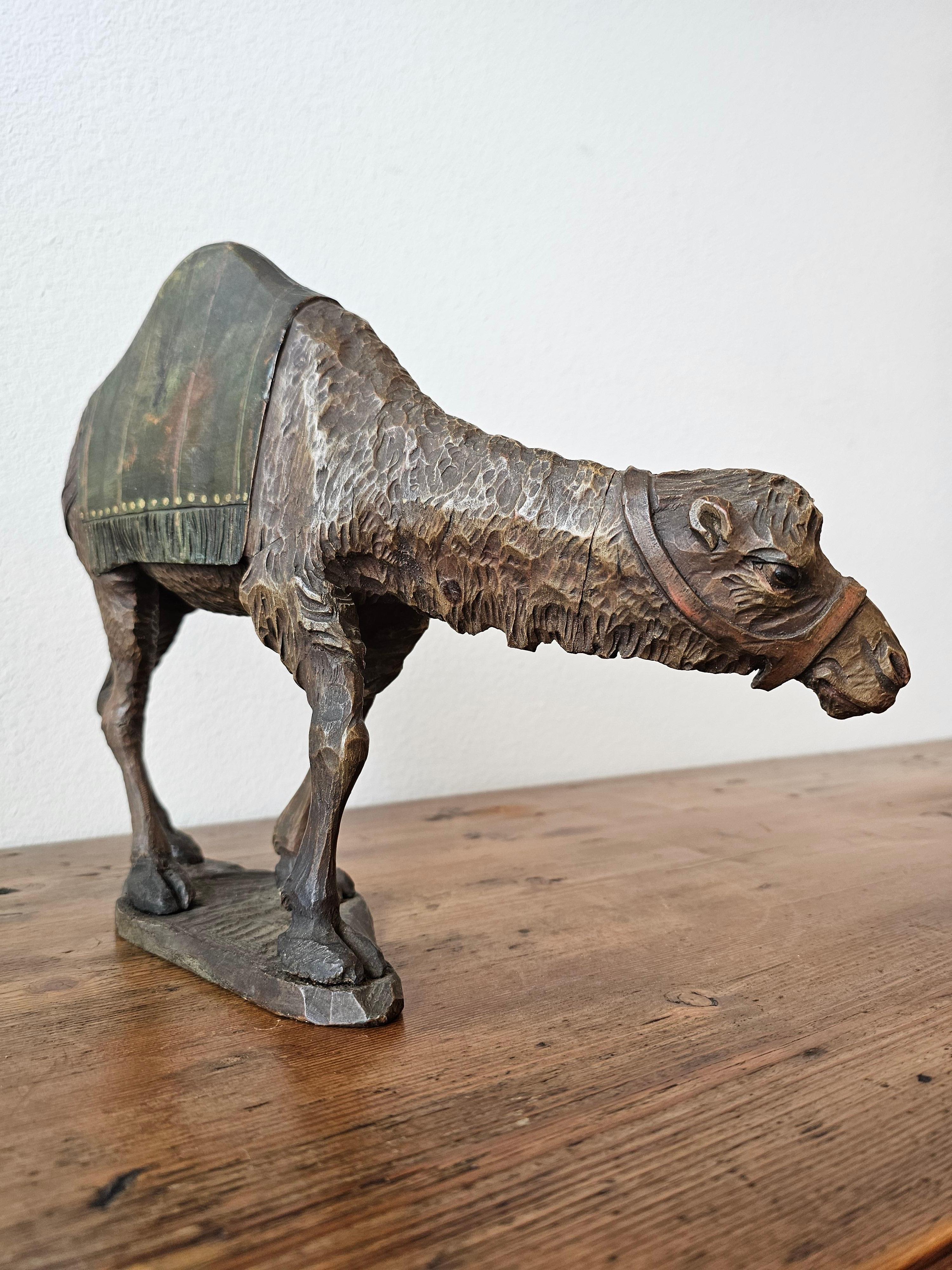 Hand-Carved Antique Moroccan Carved Polychrome Painted Wooden Camel Figure Sculpture  For Sale