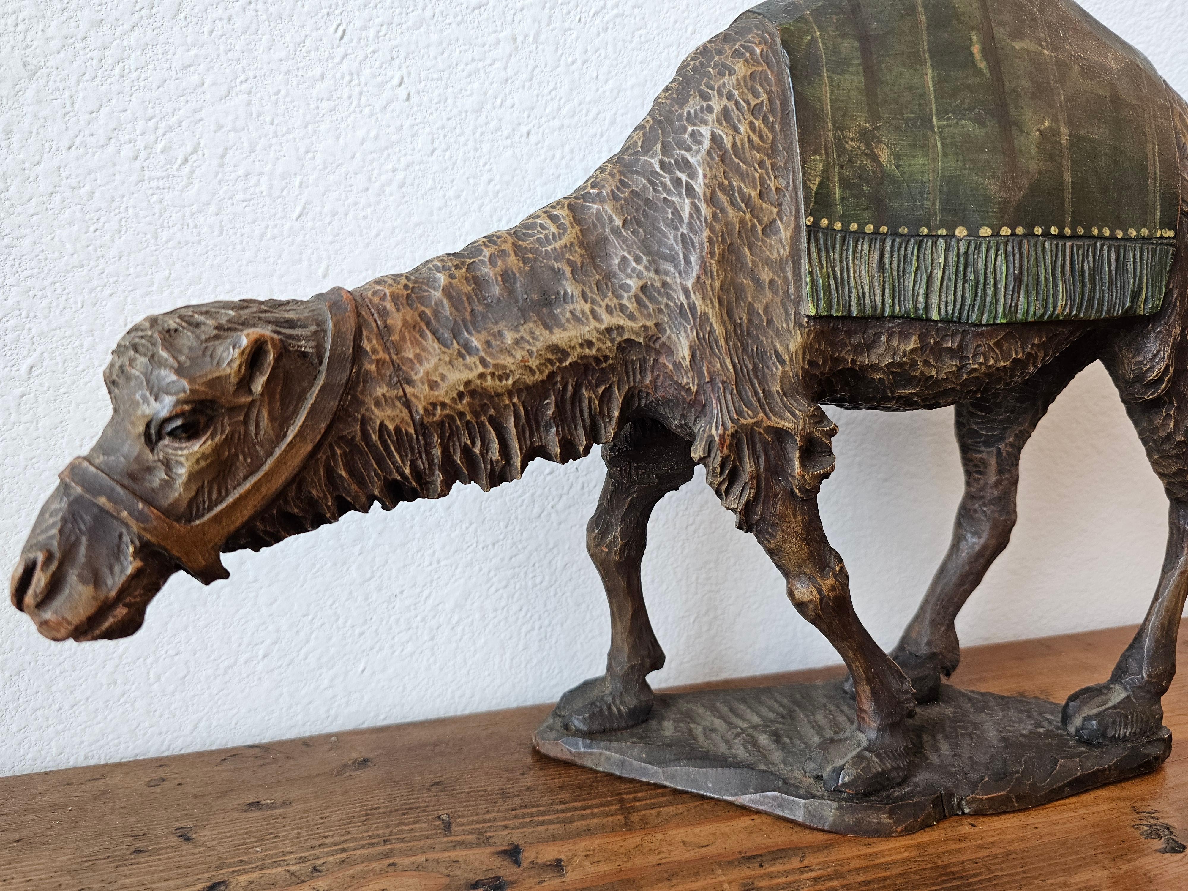 Antique Moroccan Carved Polychrome Painted Wooden Camel Figure Sculpture  For Sale 1