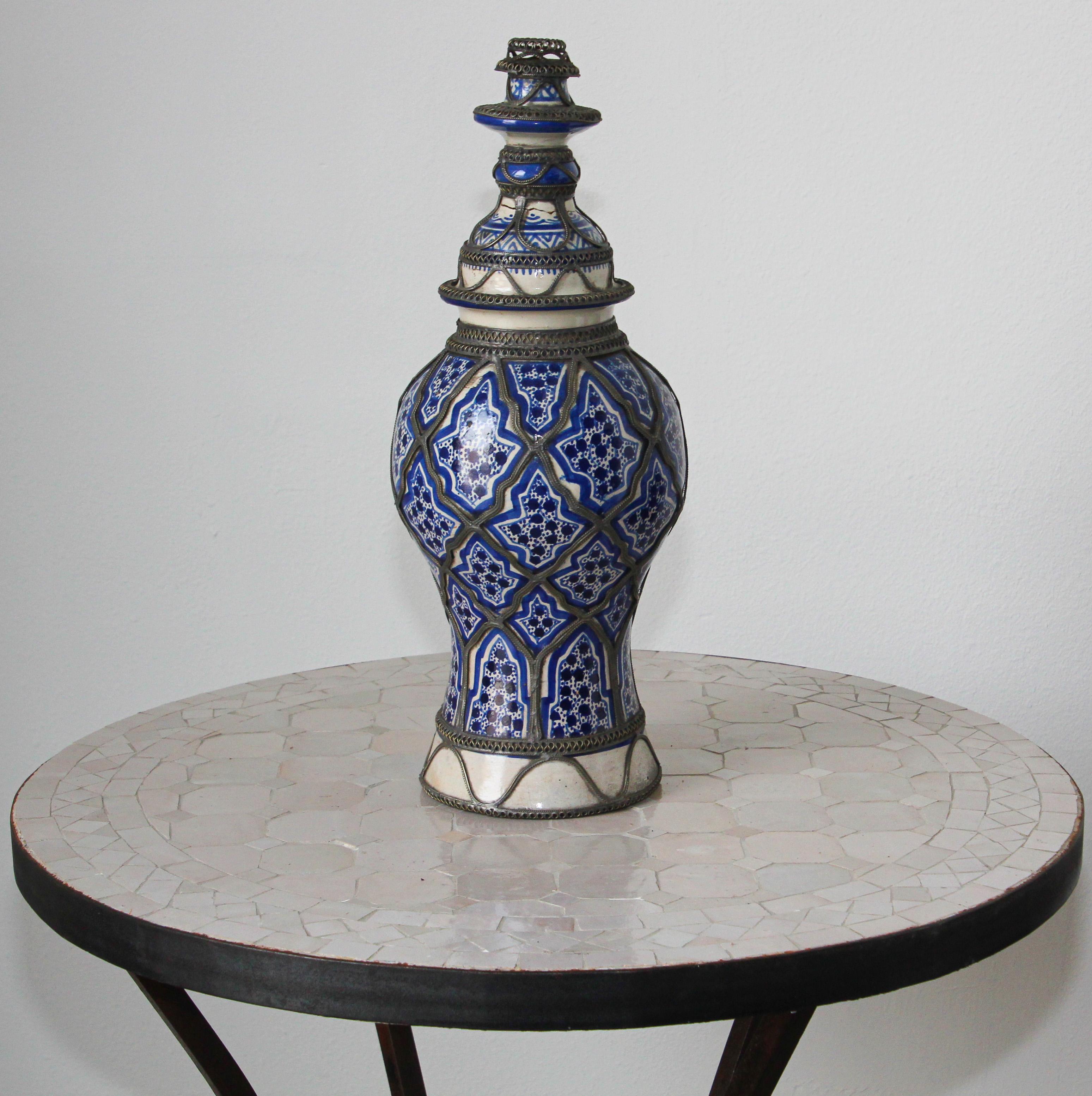 Hand-Crafted Antique Moroccan Ceramic Candlestick from Fez with Silver Filigree For Sale