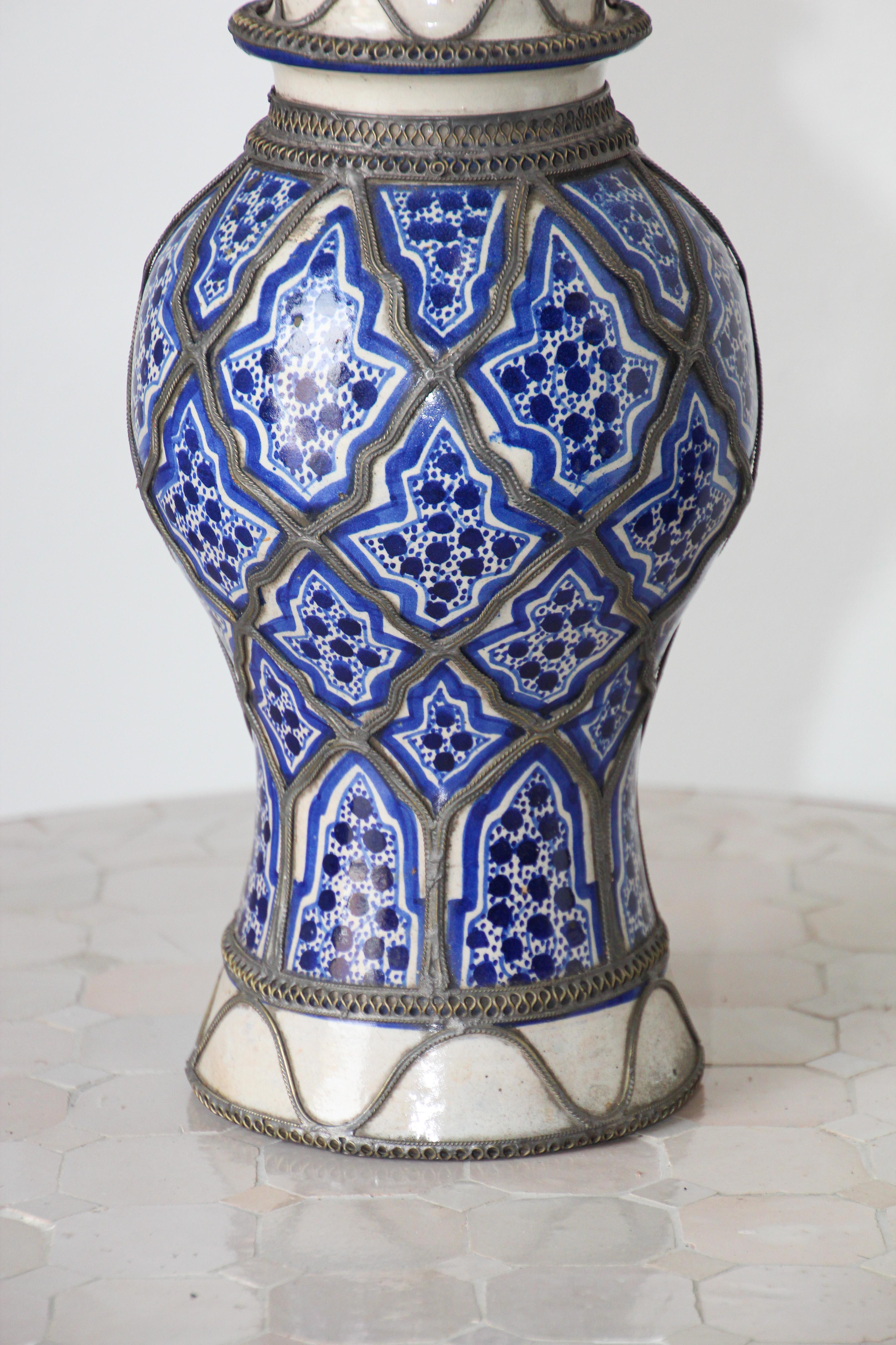Antique Moroccan Ceramic Candlestick from Fez with Silver Filigree In Good Condition For Sale In North Hollywood, CA