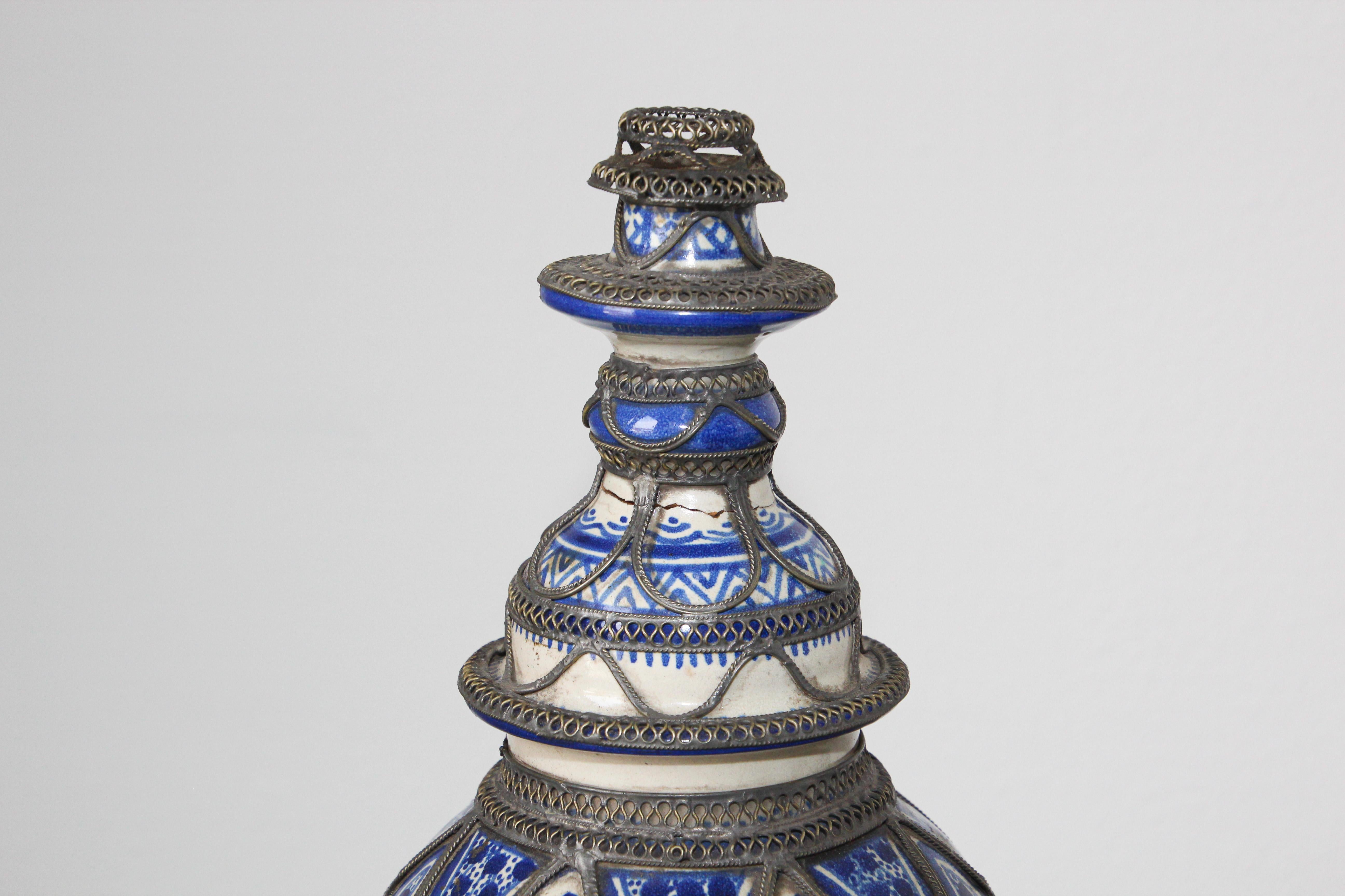 20th Century Antique Moroccan Ceramic Candlestick from Fez with Silver Filigree For Sale