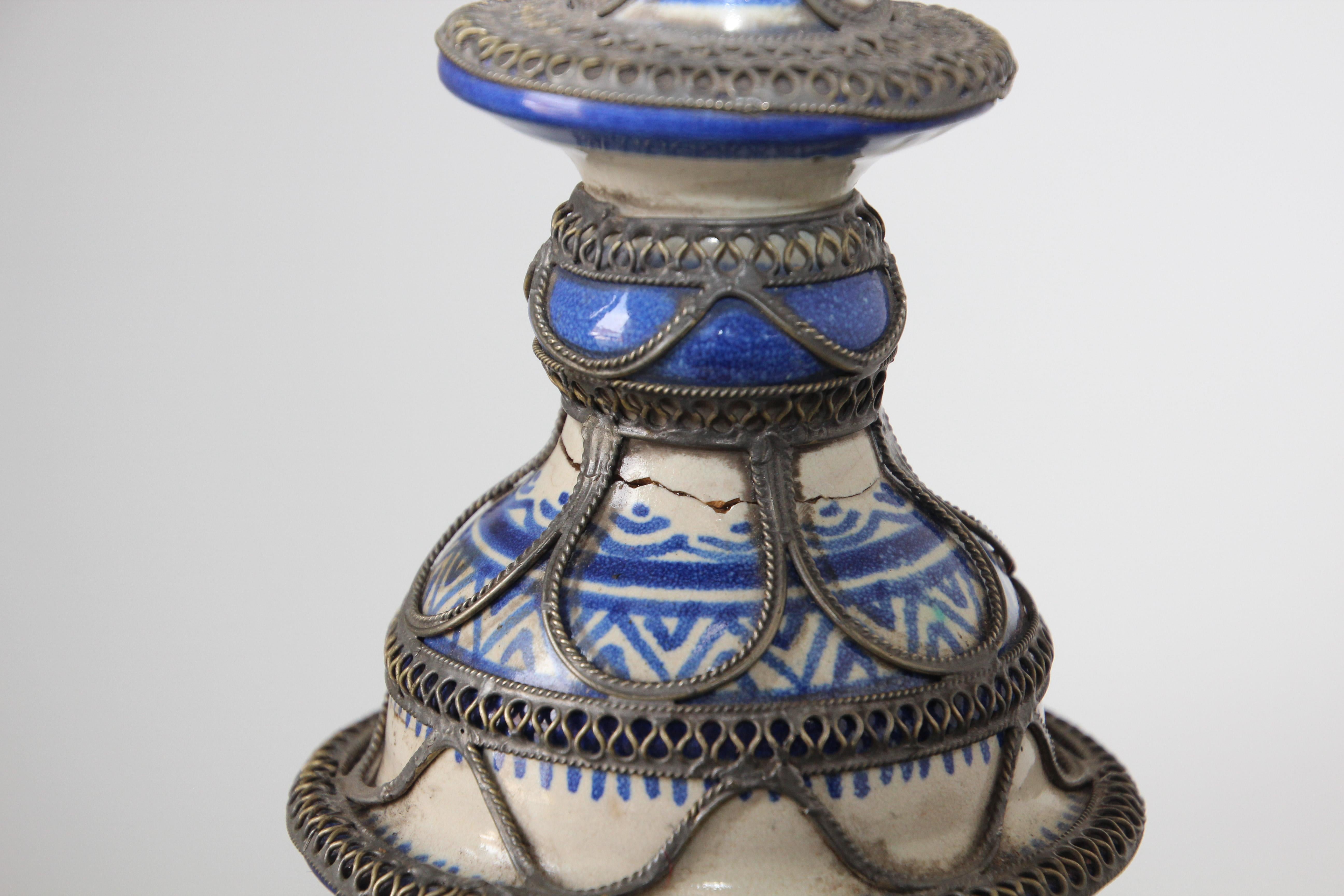 Antique Moroccan Ceramic Candlestick from Fez with Silver Filigree For Sale 1