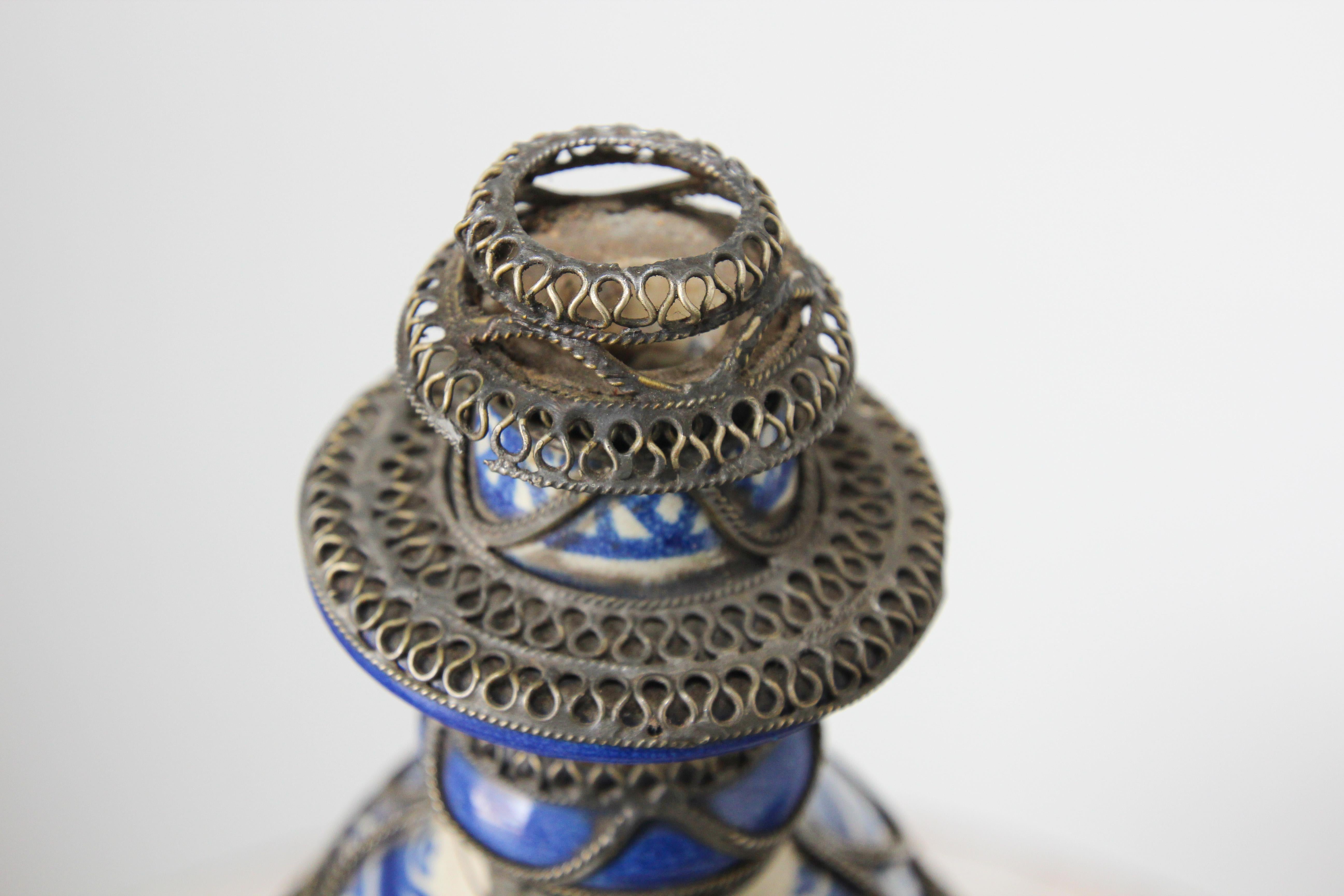 Antique Moroccan Ceramic Candlestick from Fez with Silver Filigree For Sale 2