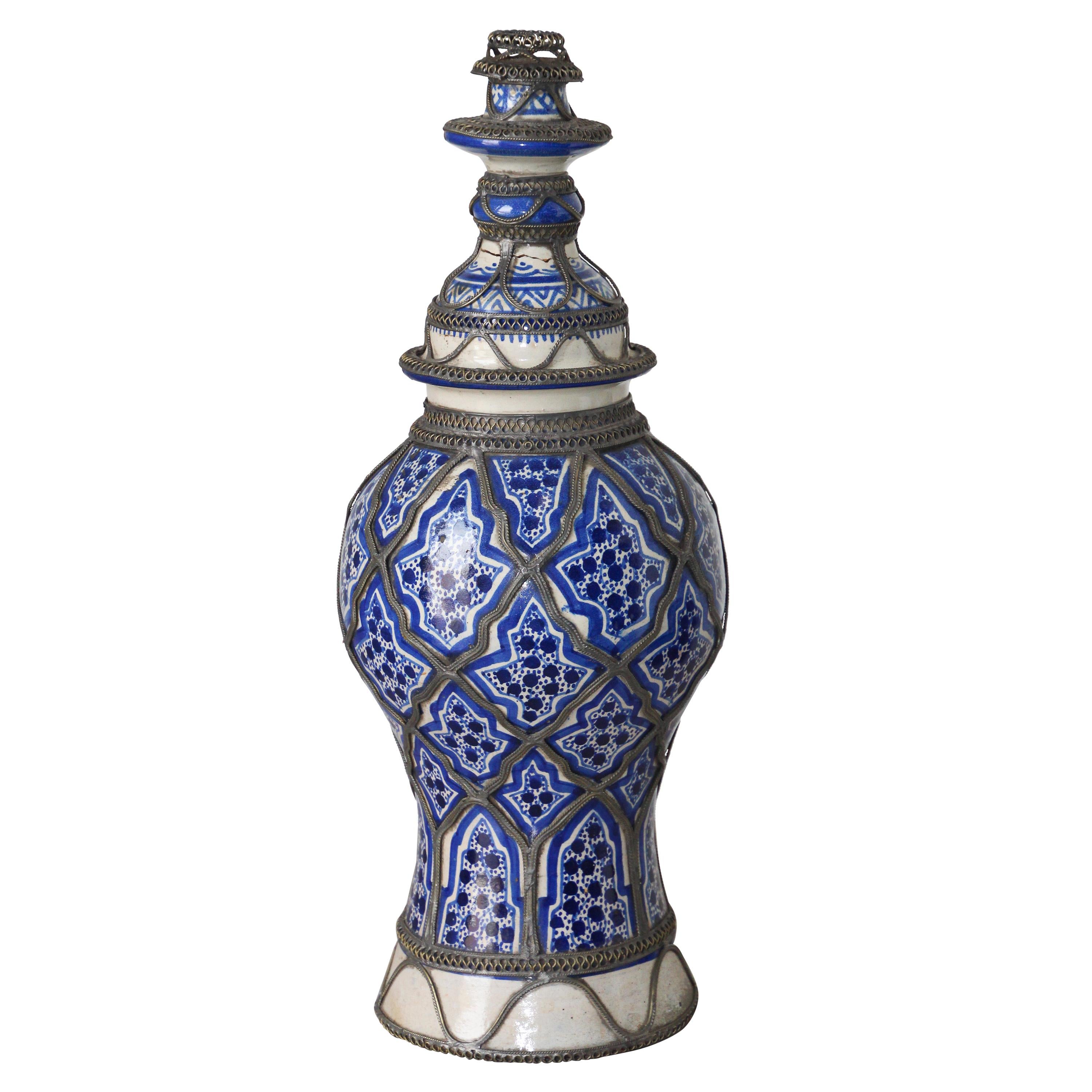 Antique Moroccan Ceramic Candlestick from Fez with Silver Filigree For Sale