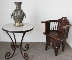 Antique Moroccan Ceramic Footed Vase from Fez with Silver Filigree