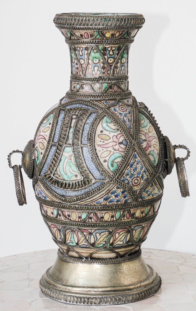 Antique Moroccan Ceramic Footed Vase from Fez with Silver Filigree For