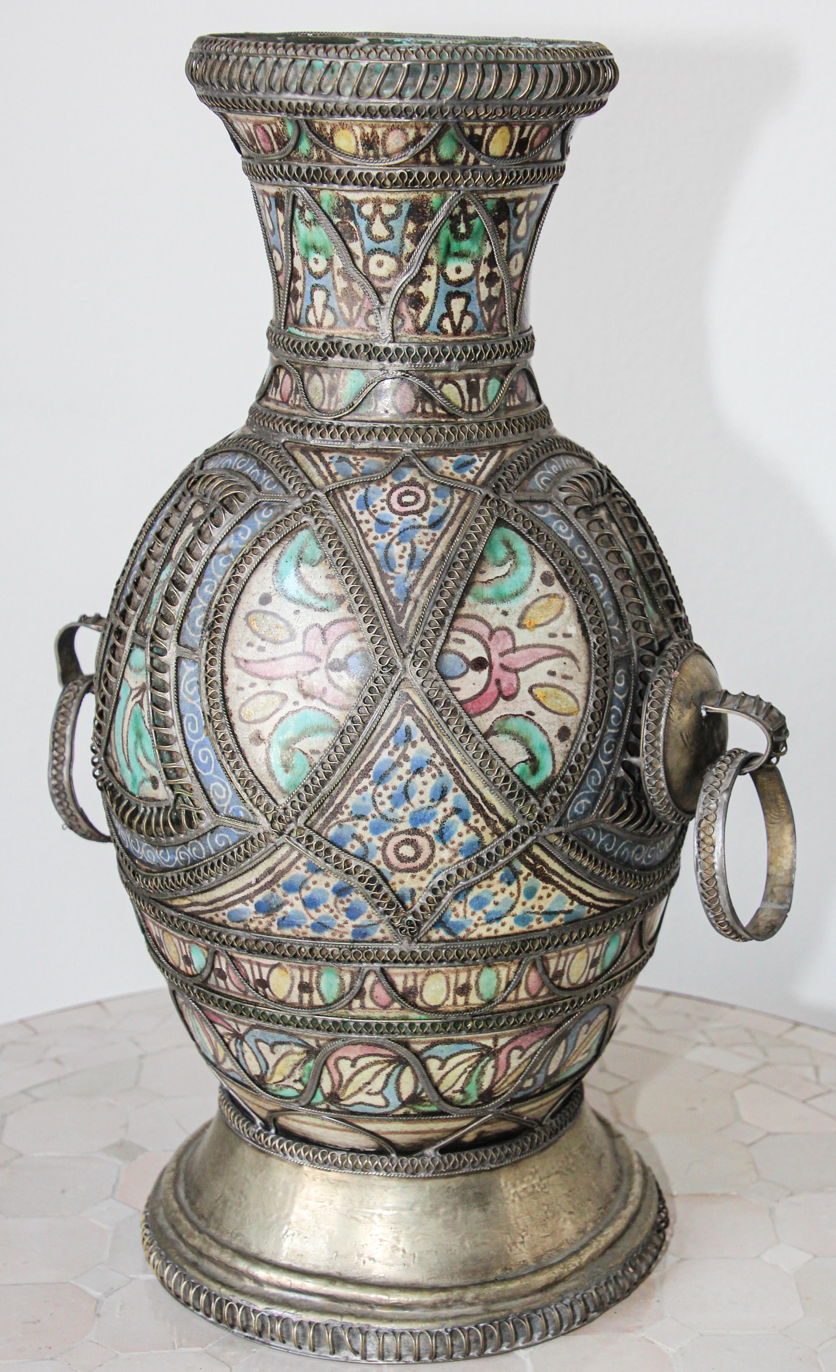 Moorish Antique Moroccan Ceramic Footed Vase from Fez with Silver Filigree For Sale