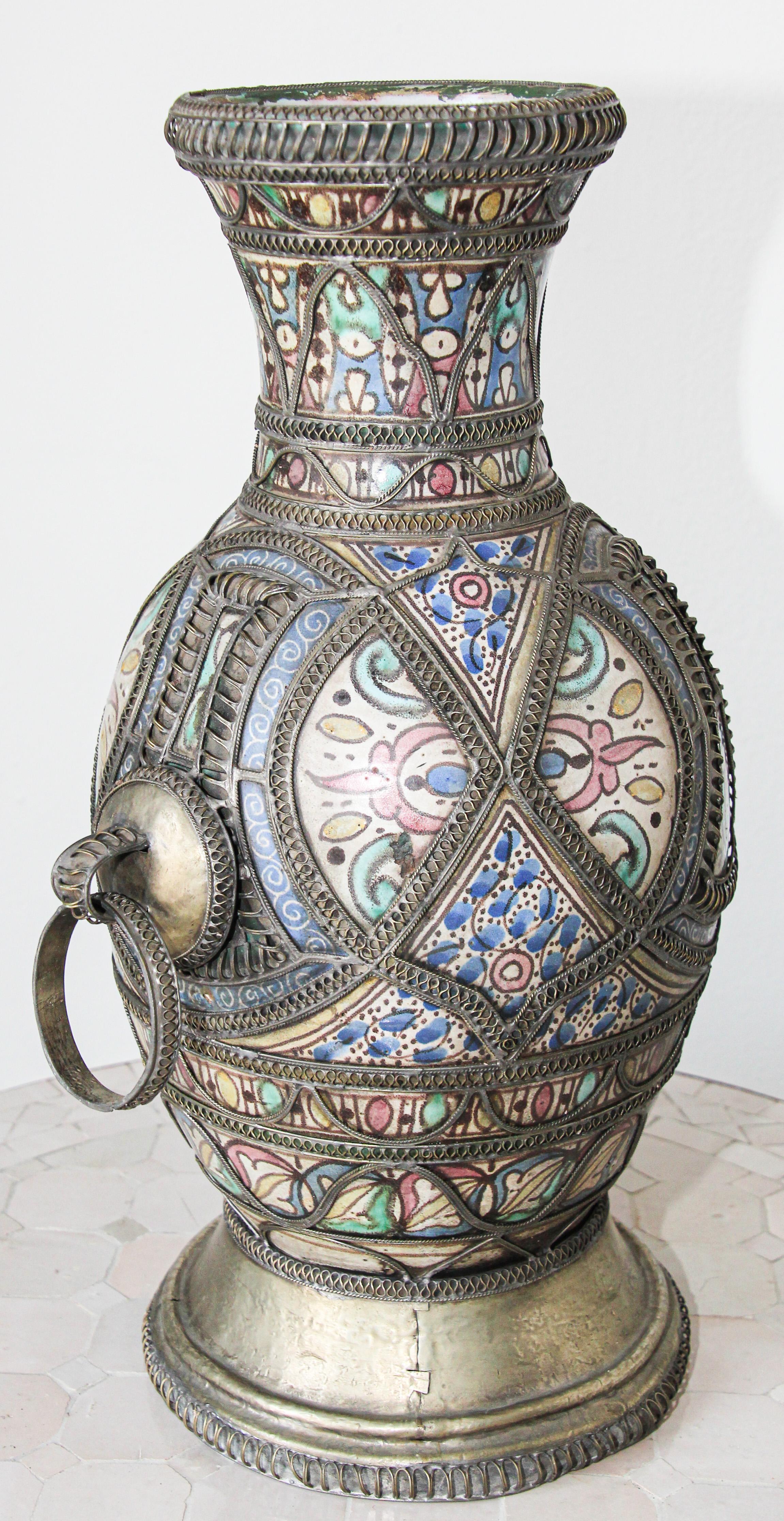 Antique Moroccan Ceramic Footed Vase from Fez with Silver Filigree In Fair Condition For Sale In North Hollywood, CA