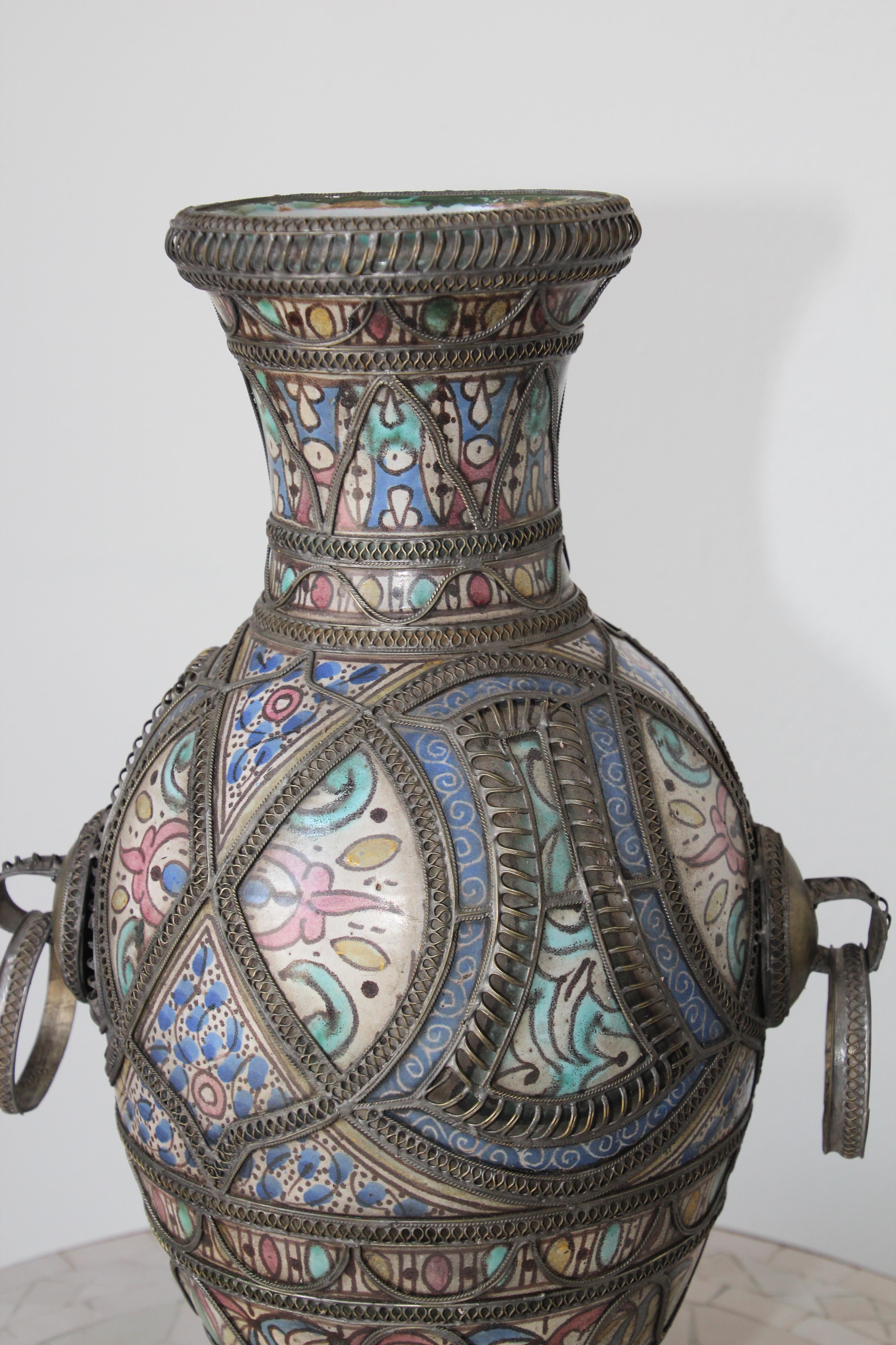 19th Century Antique Moroccan Ceramic Footed Vase from Fez with Silver Filigree For Sale