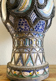 Antique Moroccan Ceramic Lidded Vase from Fez with Silver Filigree