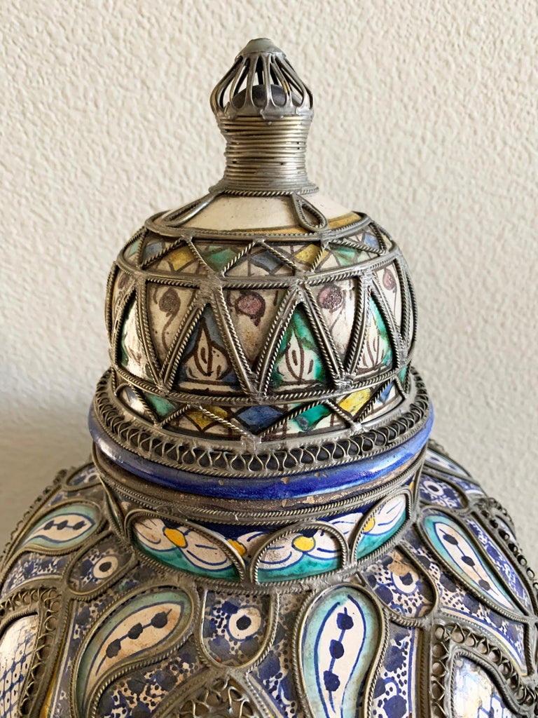 Antique Moroccan Ceramic Lidded Vase from Fez with Silver Filigree at