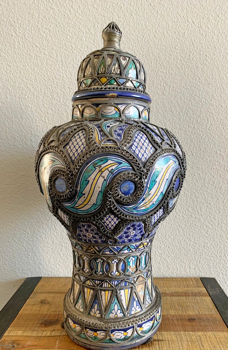 Antique Moroccan Ceramic Lidded Vase from Fez with Silver Filigree at
