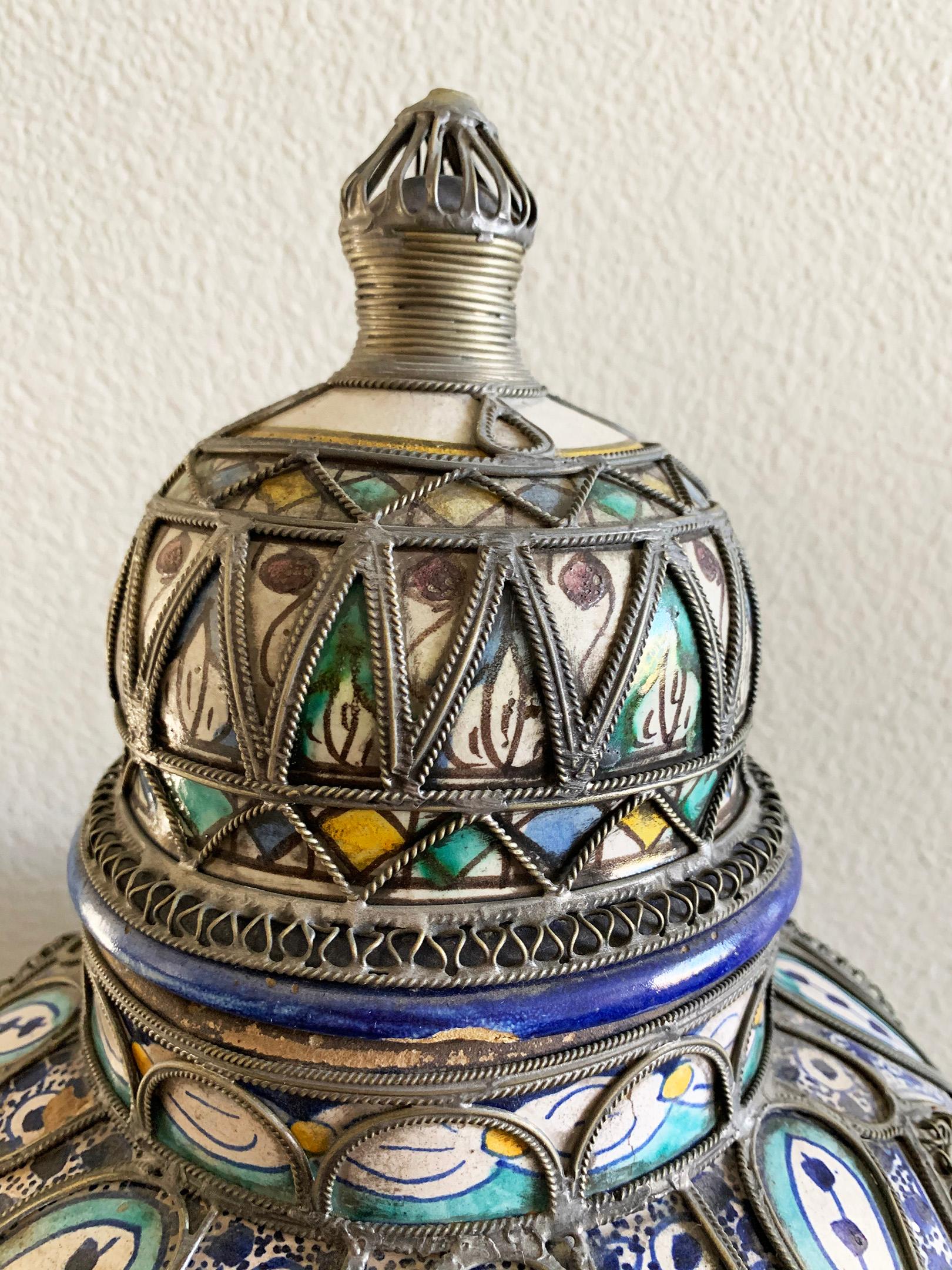Moorish Antique Moroccan Ceramic Lidded Vase from Fez with Silver Filigree