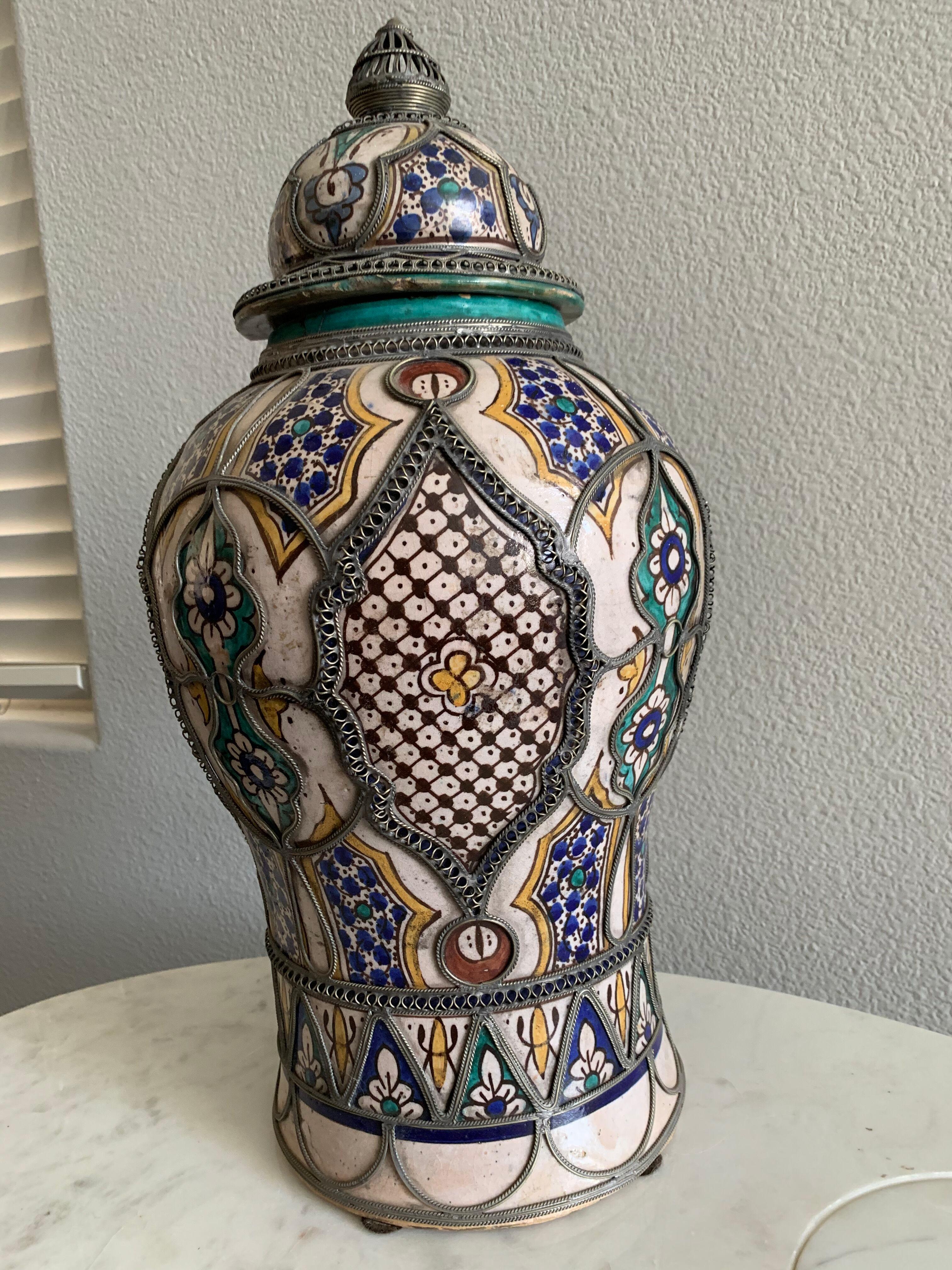 Moorish Antique Moroccan Ceramic Lidded Vase from Fez with Silver Filigree For Sale