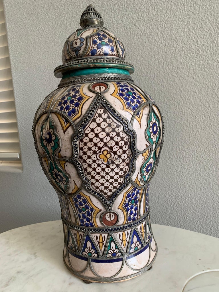 Antique Moroccan Ceramic Lidded Vase from Fez with Silver Filigree