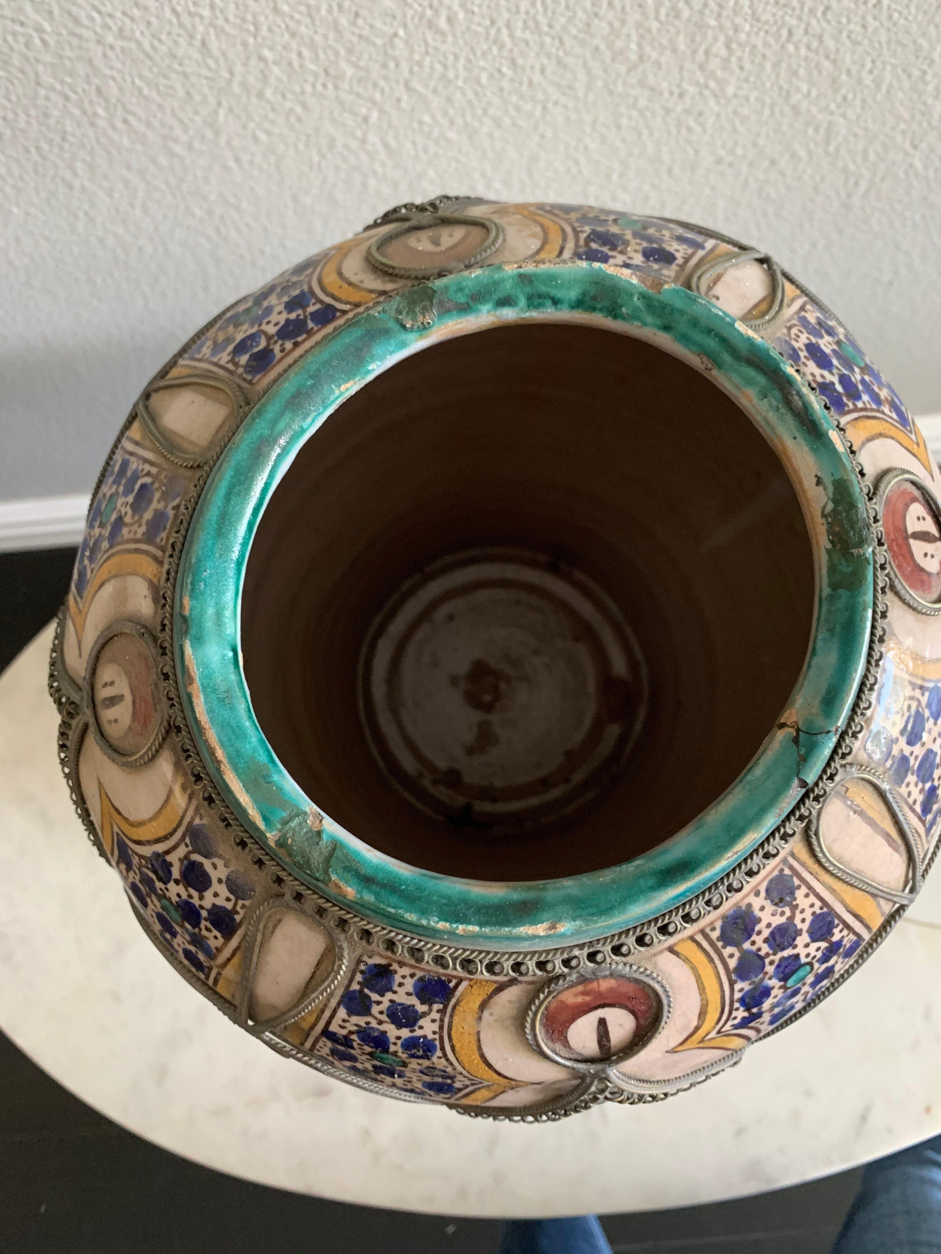 Antique Moroccan Ceramic Lidded Vase from Fez with Silver Filigree In Fair Condition For Sale In Culver City, CA