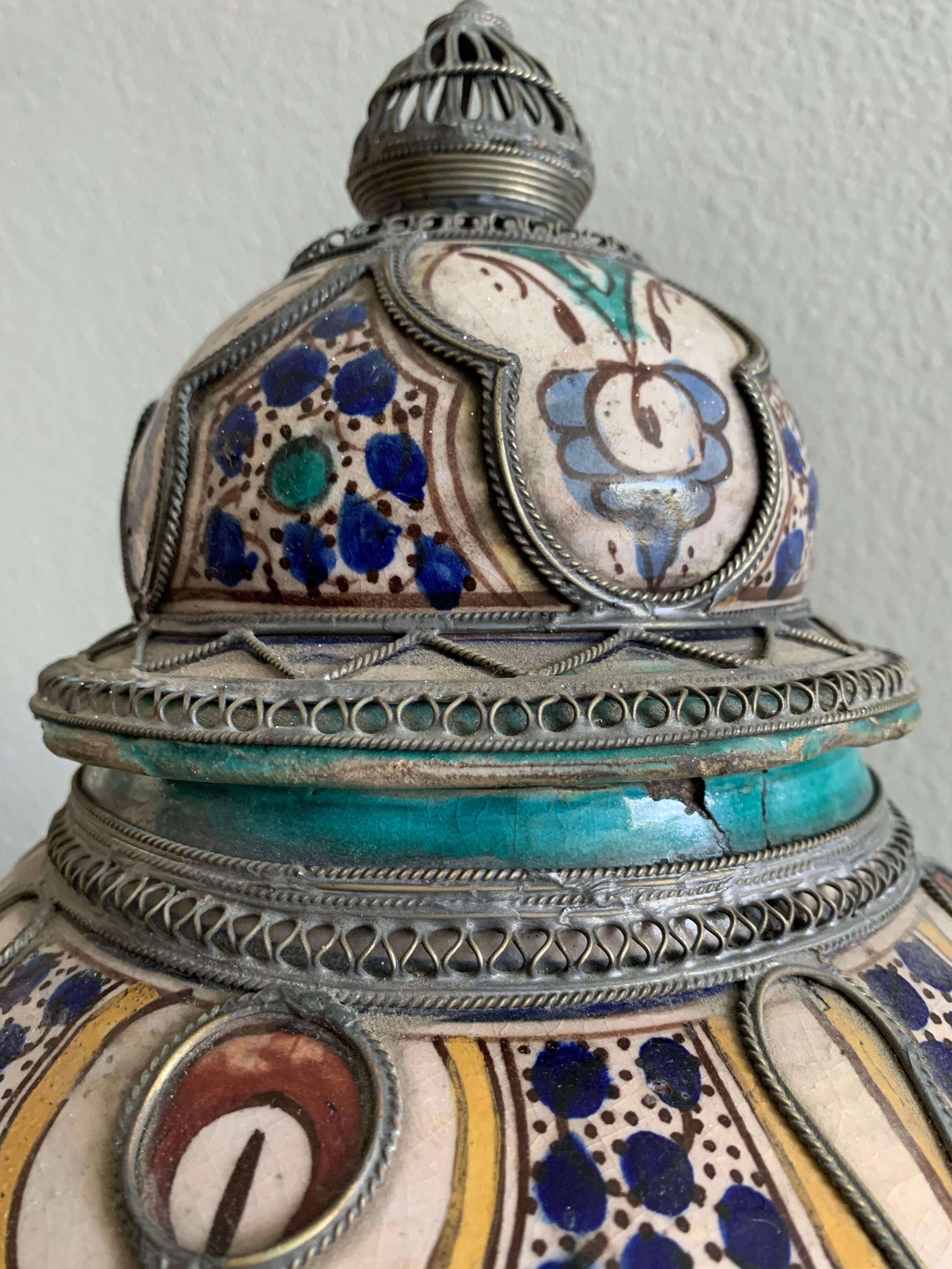 19th Century Antique Moroccan Ceramic Lidded Vase from Fez with Silver Filigree For Sale