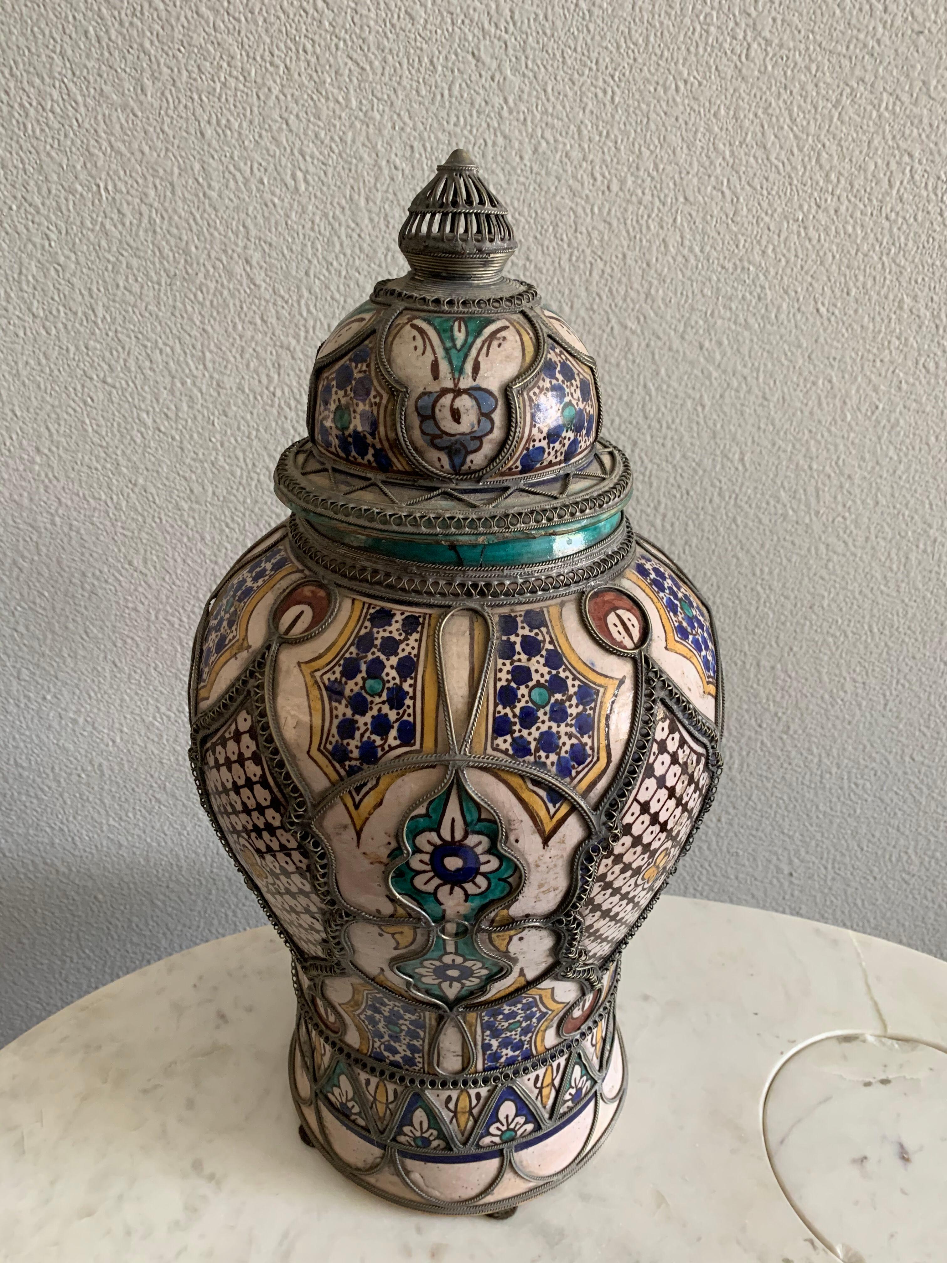 Antique Moroccan Ceramic Lidded Vase from Fez with Silver Filigree For Sale 1