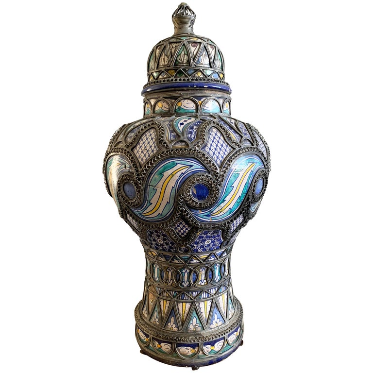 Antique Moroccan Ceramic Lidded Vase from Fez with Silver Filigree at