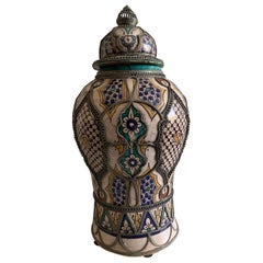 Antique Moroccan Ceramic Lidded Vase from Fez with Silver Filigree