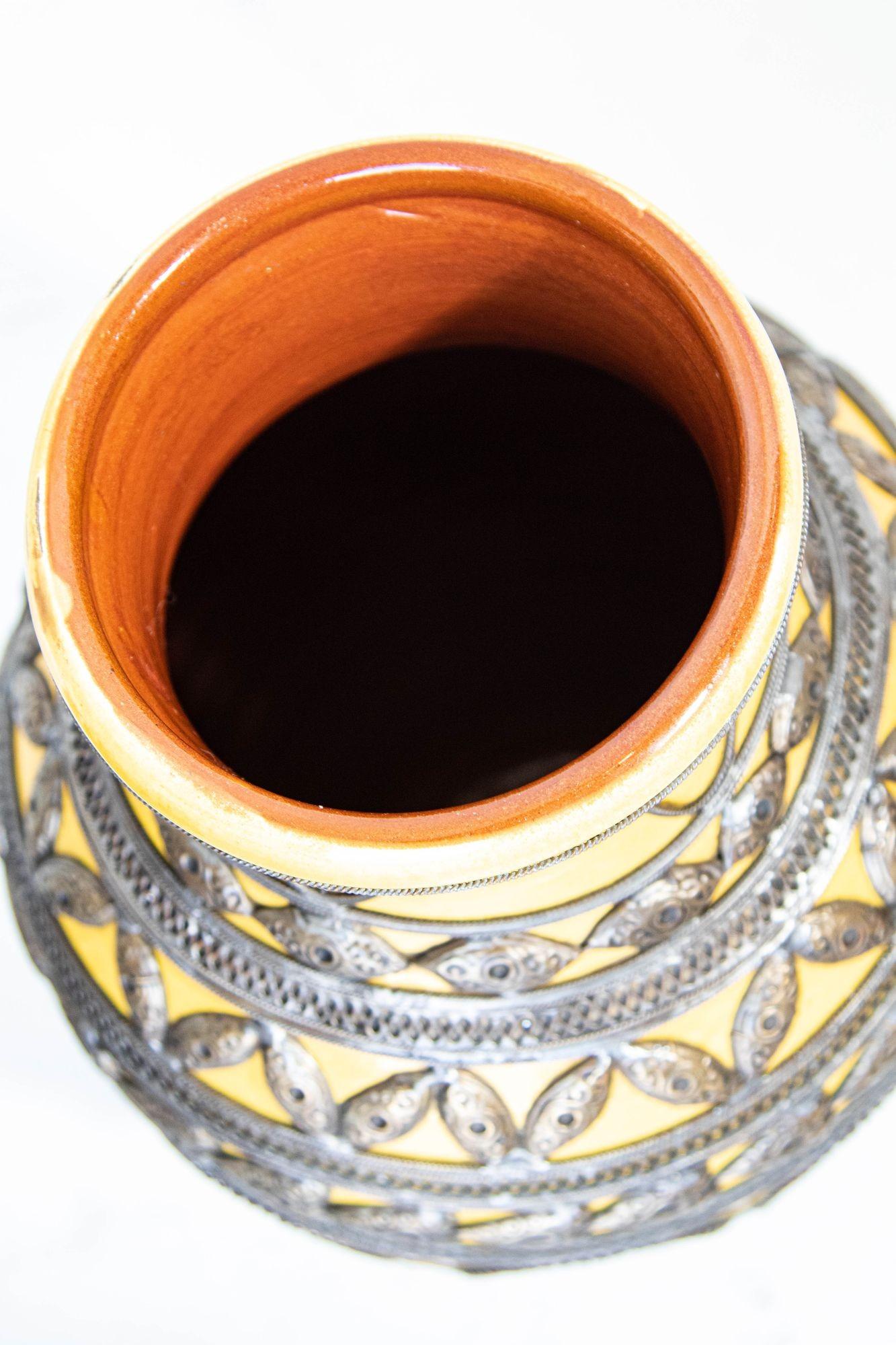 Antique Moroccan Ceramic Vase Bright Yellow with Metal Moorish Filigree overlaid For Sale 4