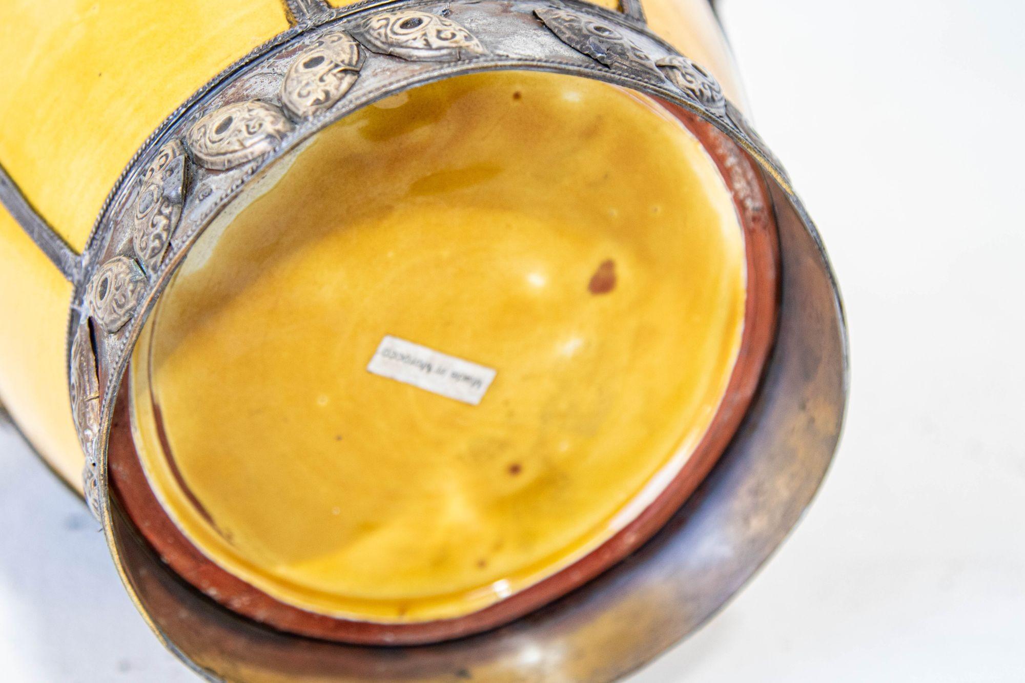 Antique Moroccan Ceramic Vase Bright Yellow with Metal Moorish Filigree overlaid For Sale 5