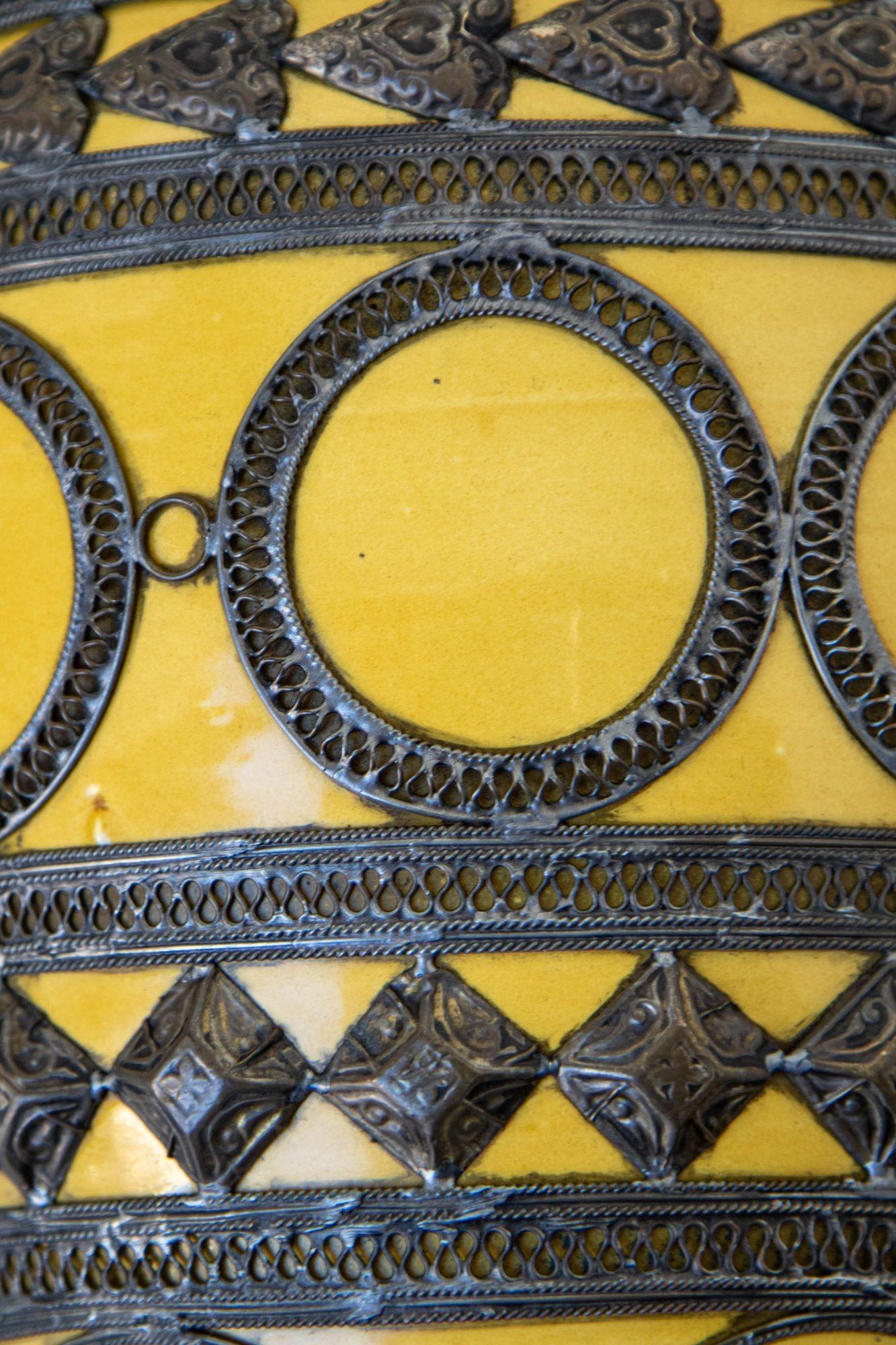 Antique Moroccan Ceramic Vase Bright Yellow with Metal Moorish Filigree overlaid For Sale 6