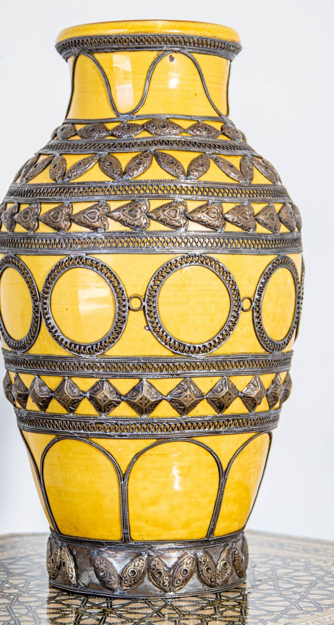 Hand-Crafted Antique Moroccan Ceramic Vase Bright Yellow with Metal Moorish Filigree overlaid For Sale