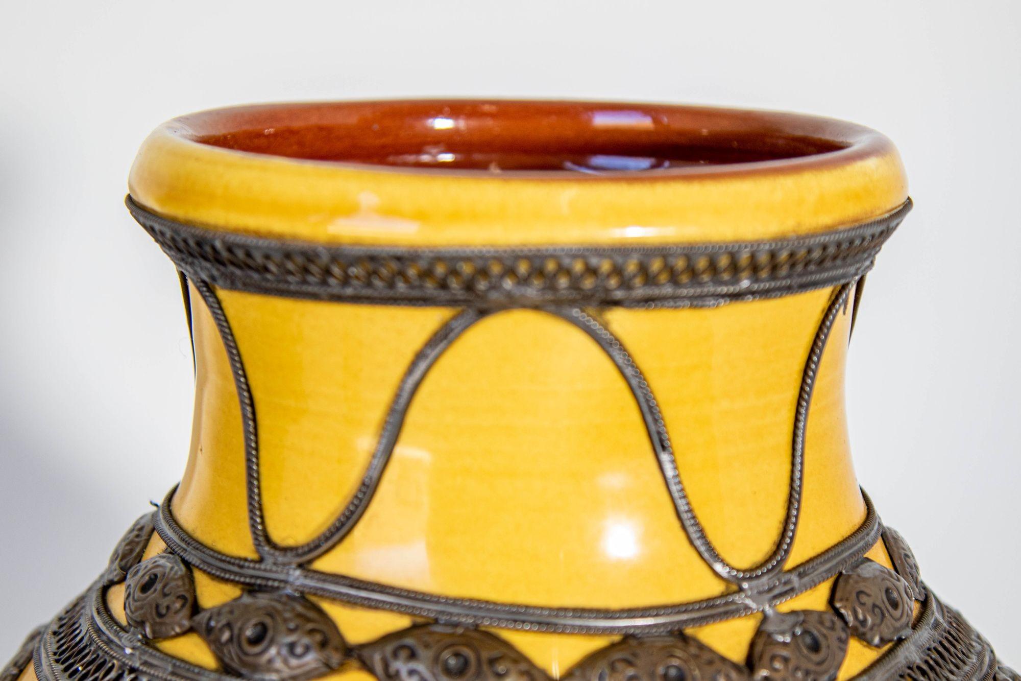 Hand-Crafted Antique Moroccan Ceramic Vase Bright Yellow with Metal Moorish Filigree overlaid For Sale