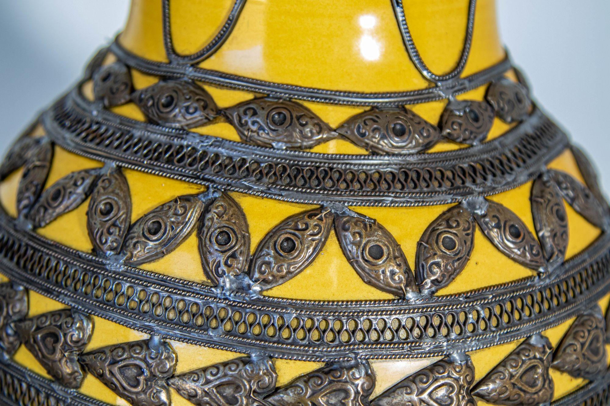 Antique Moroccan Ceramic Vase Bright Yellow with Metal Moorish Filigree overlaid In Good Condition For Sale In North Hollywood, CA