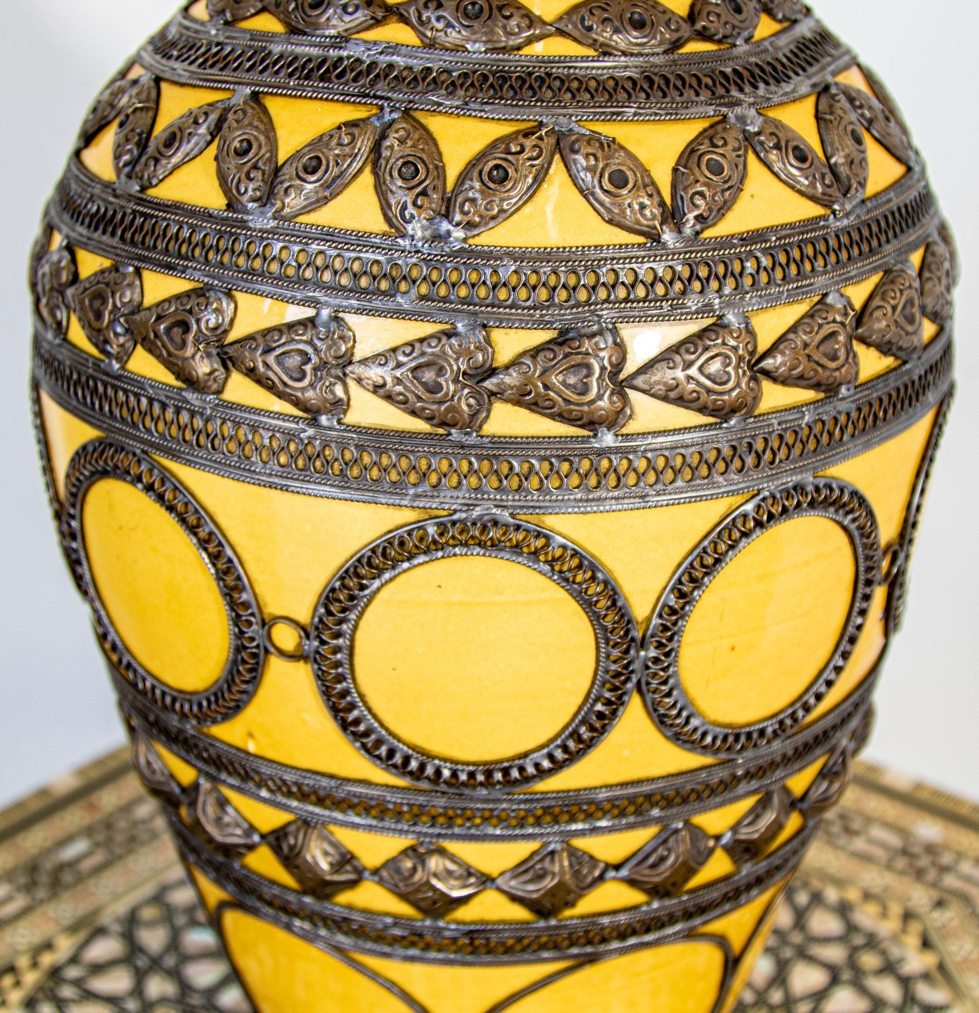 Antique Moroccan Ceramic Vase Bright Yellow with Metal Moorish Filigree overlaid For Sale 1
