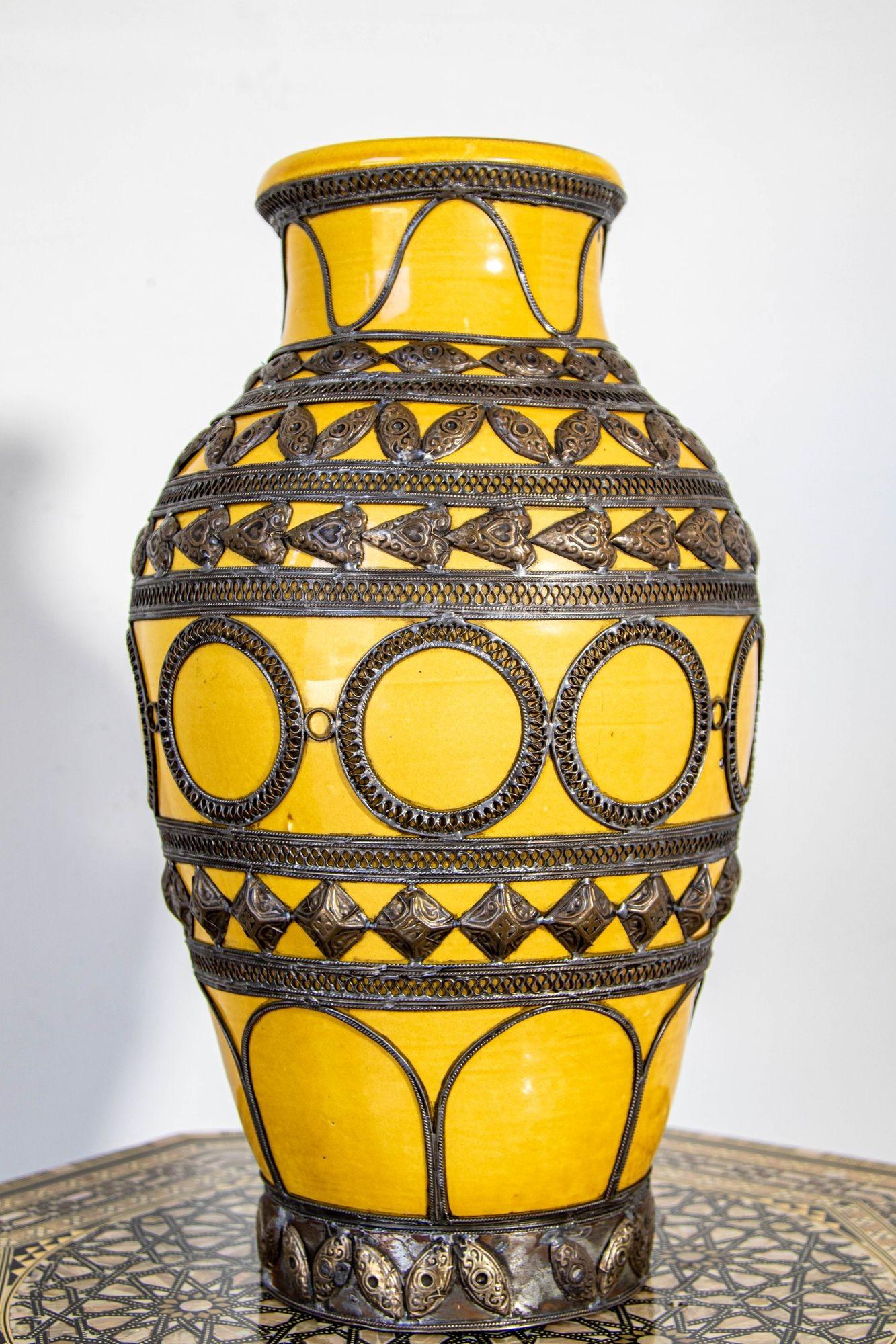 Antique Moroccan Ceramic Vase Bright Yellow with Metal Moorish Filigree overlaid For Sale 2