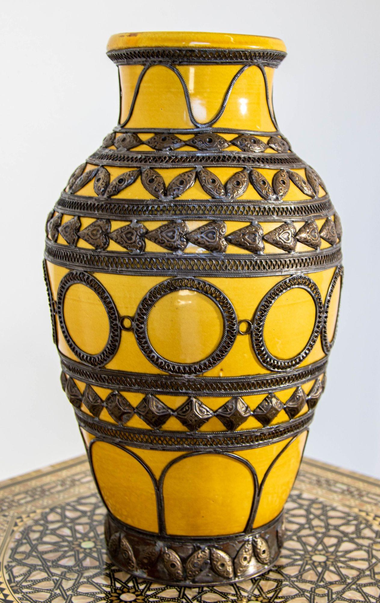 Antique Moroccan Ceramic Vase Bright Yellow with Metal Moorish Filigree overlaid For Sale 3