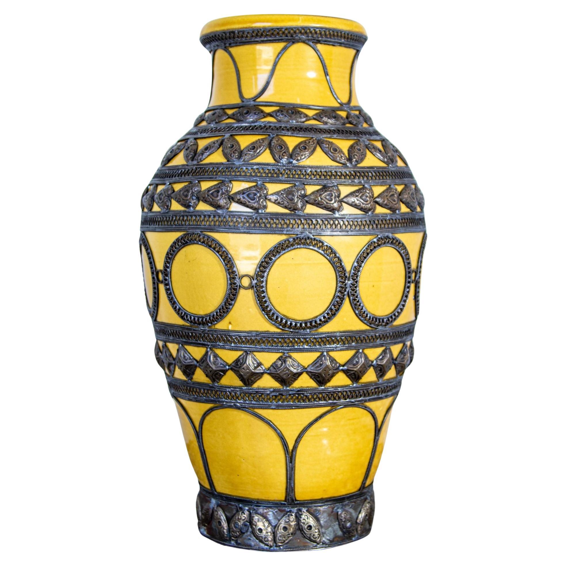 Antique Moroccan Ceramic Vase Bright Yellow with Metal Moorish Filigree overlaid For Sale