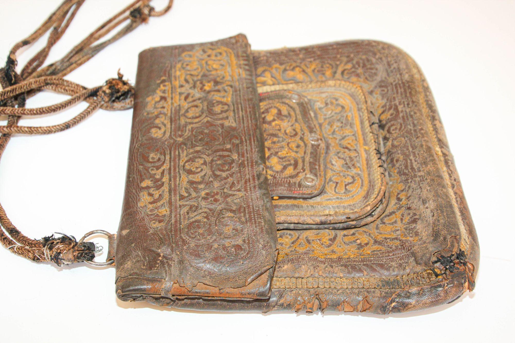 Antique Moroccan Collectible Messenger Bag Hand Tooled Leather Marrakech 1920s 4