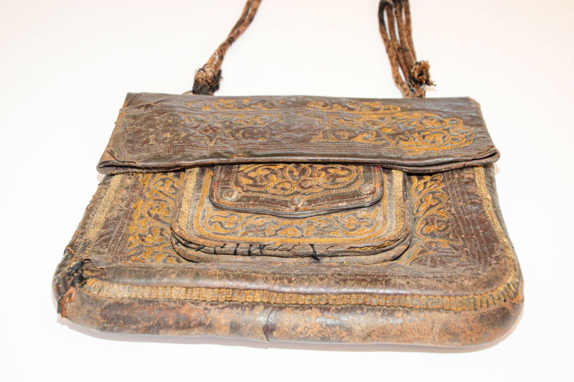 Antique Moroccan Collectible Messenger Bag Hand Tooled Leather Marrakech 1920s 11