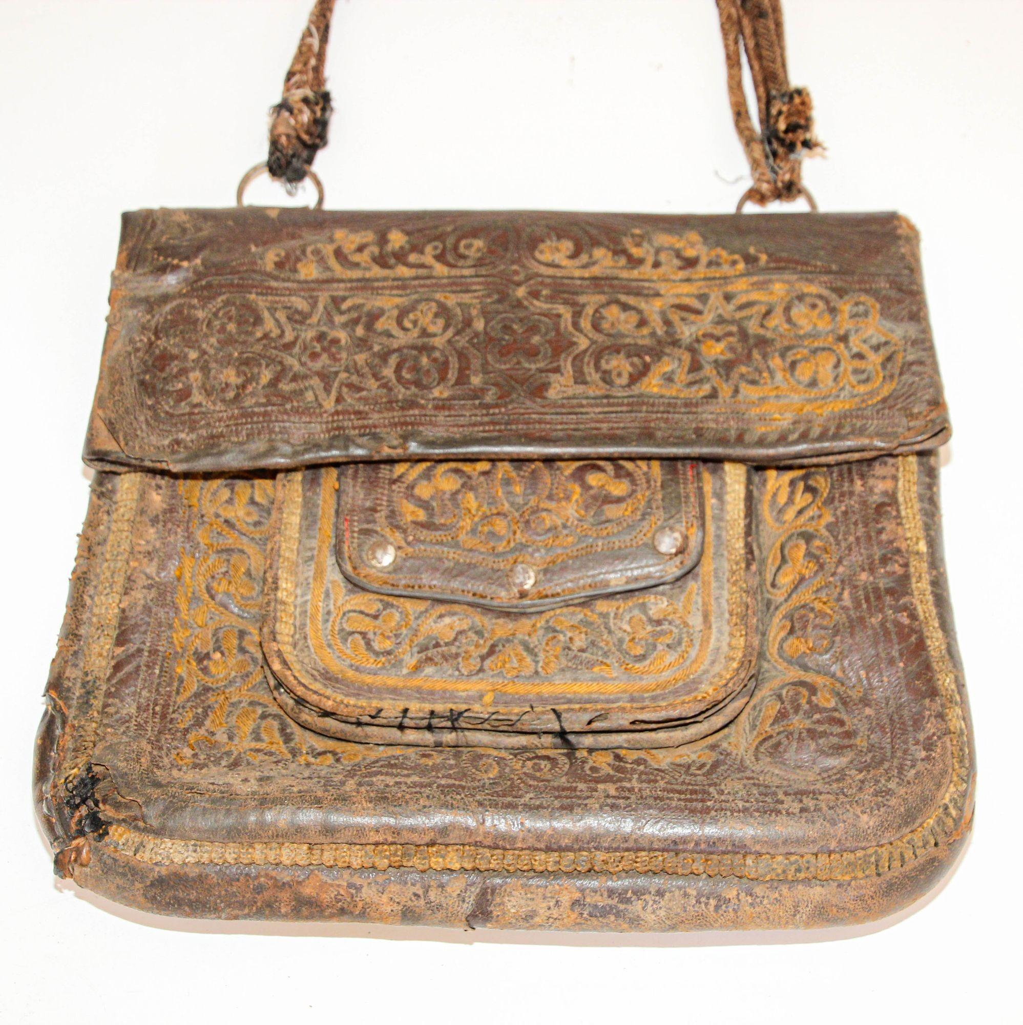 Antique Moroccan Collectible Messenger Bag Hand Tooled Leather Marrakech 1920s 12