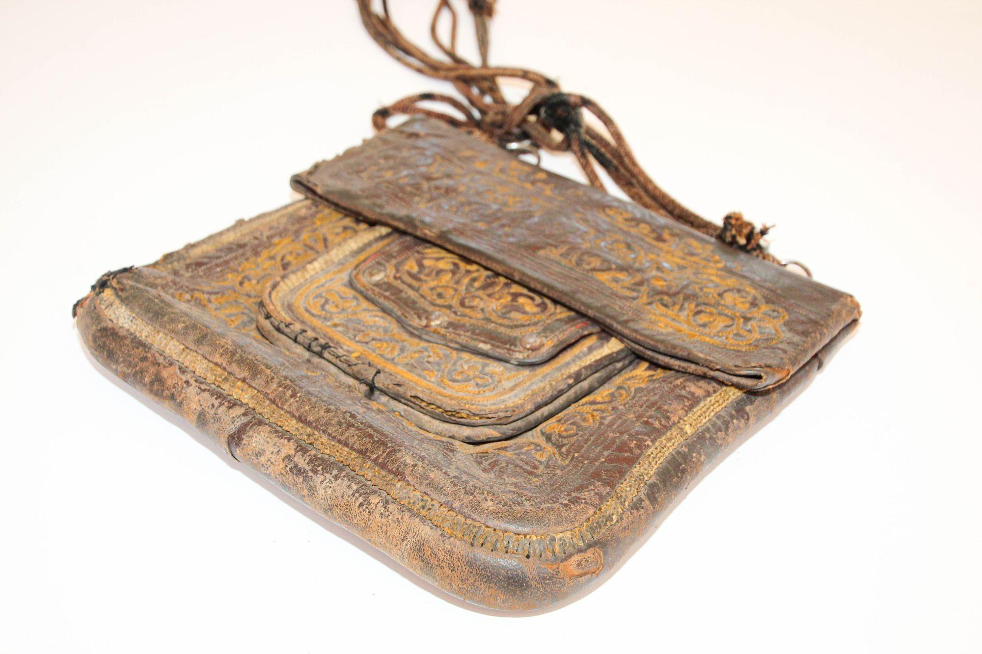 20th Century Antique Moroccan Collectible Messenger Bag Hand Tooled Leather Marrakech 1920s