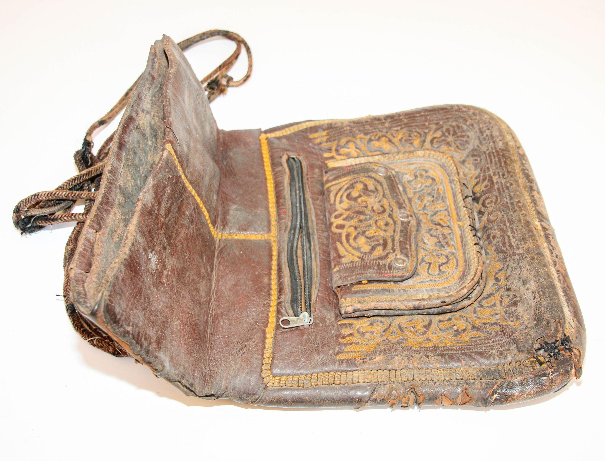 Antique Moroccan Collectible Messenger Bag Hand Tooled Leather Marrakech 1920s 2