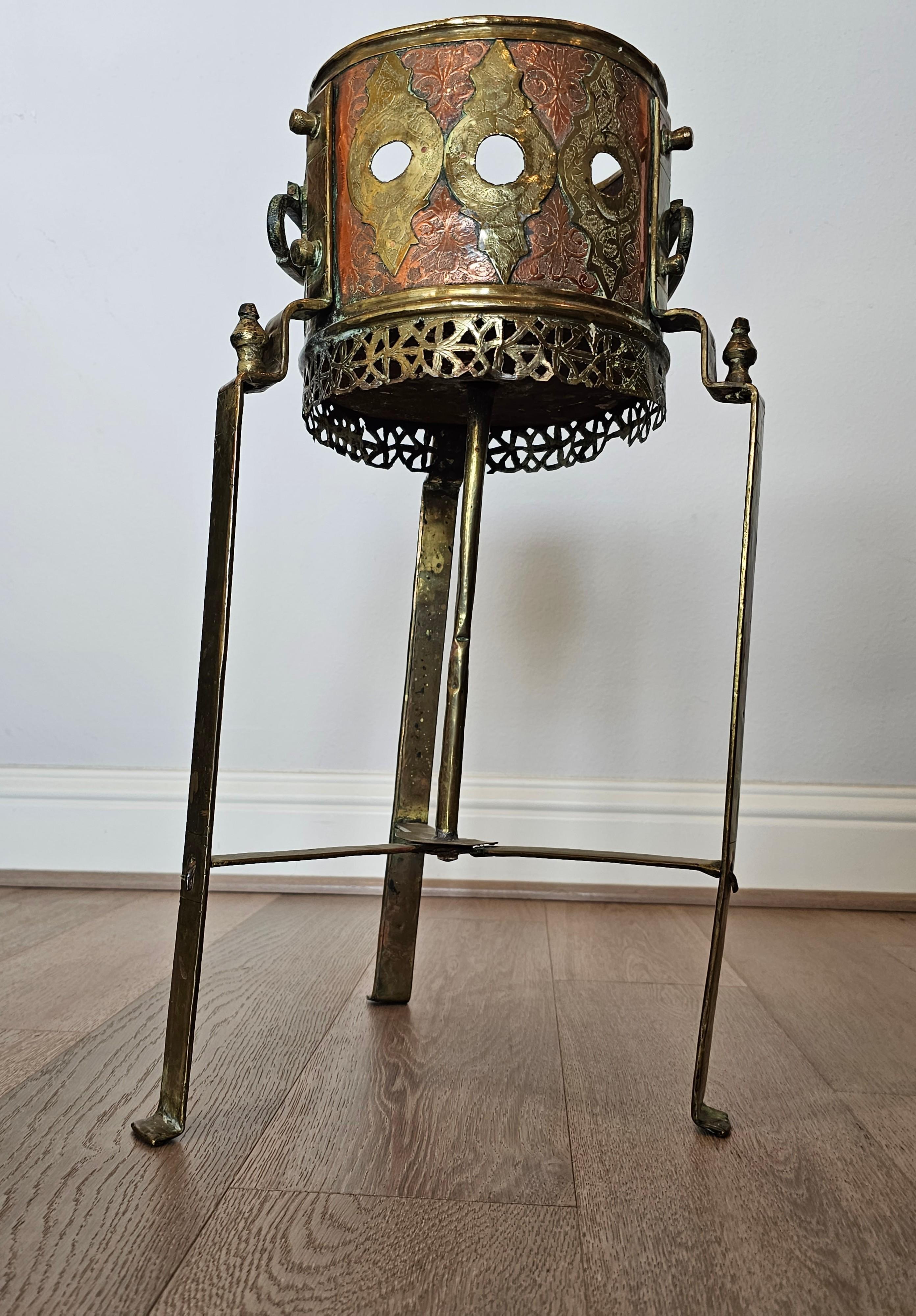 Antique Moroccan Copper Brass Kettle Warmer Brazier Now Plant Stand For Sale 3