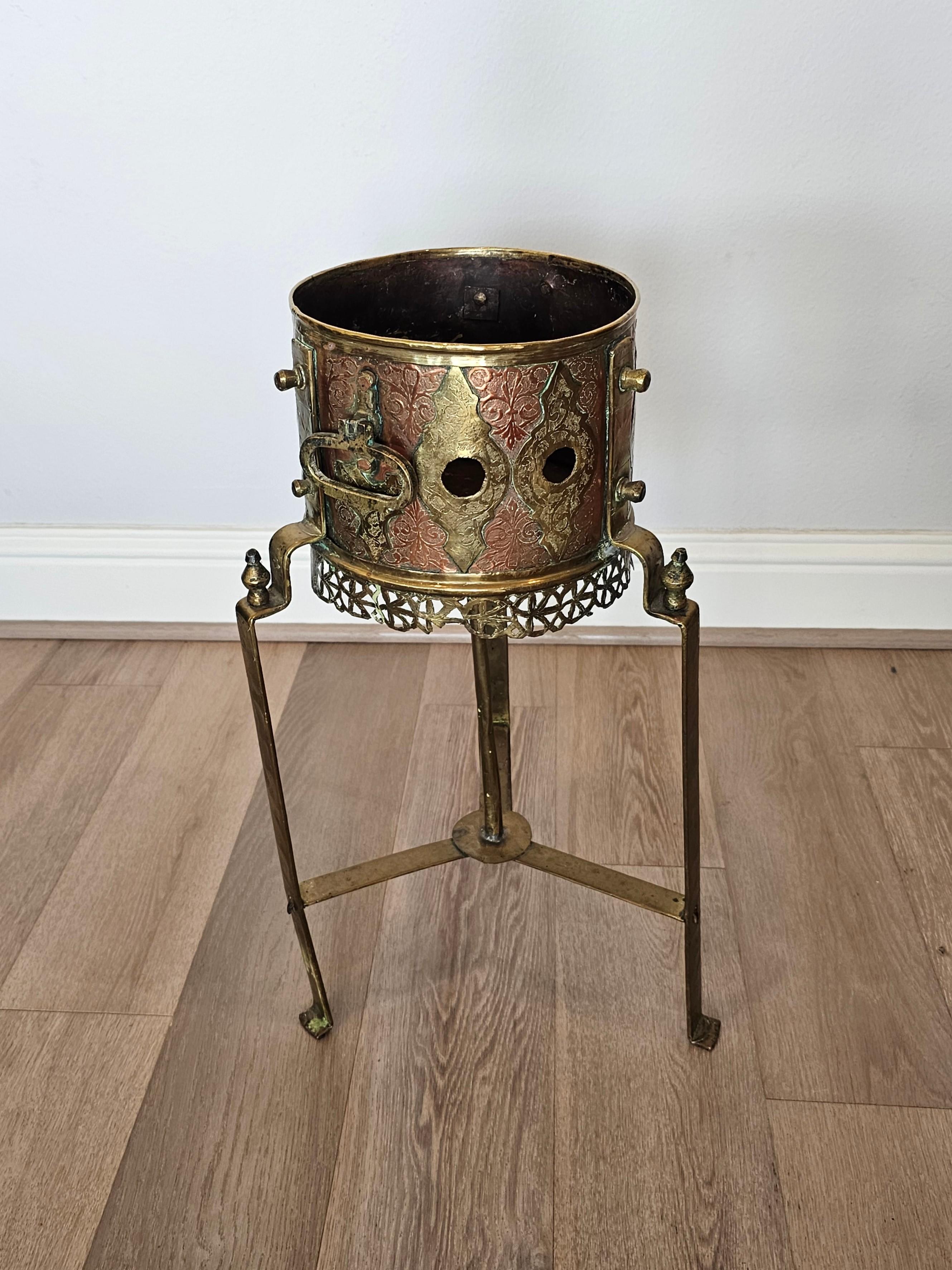 Antique Moroccan Copper Brass Kettle Warmer Brazier Now Plant Stand For Sale 4