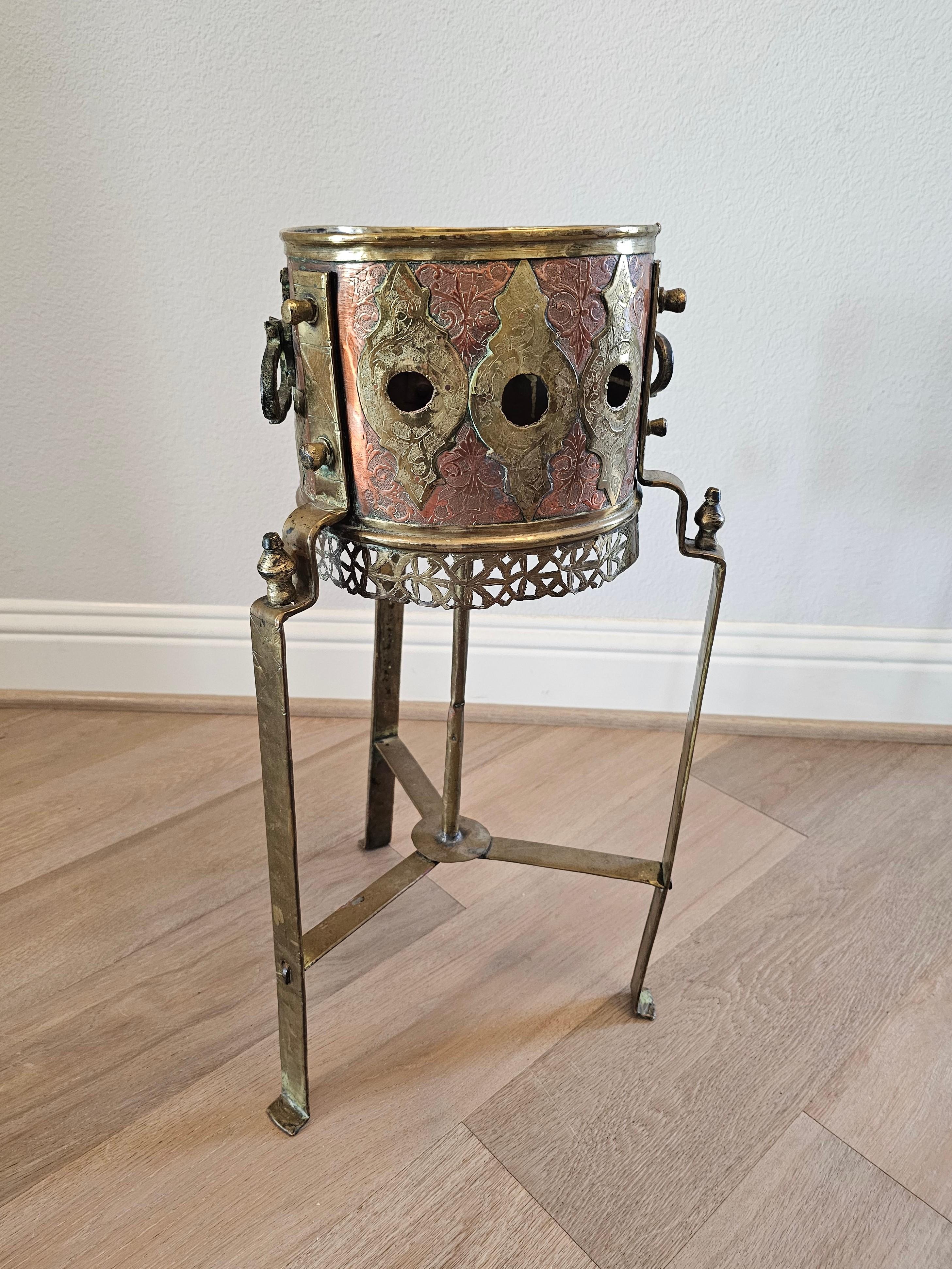 Antique Moroccan Copper Brass Kettle Warmer Brazier Now Plant Stand For Sale 8