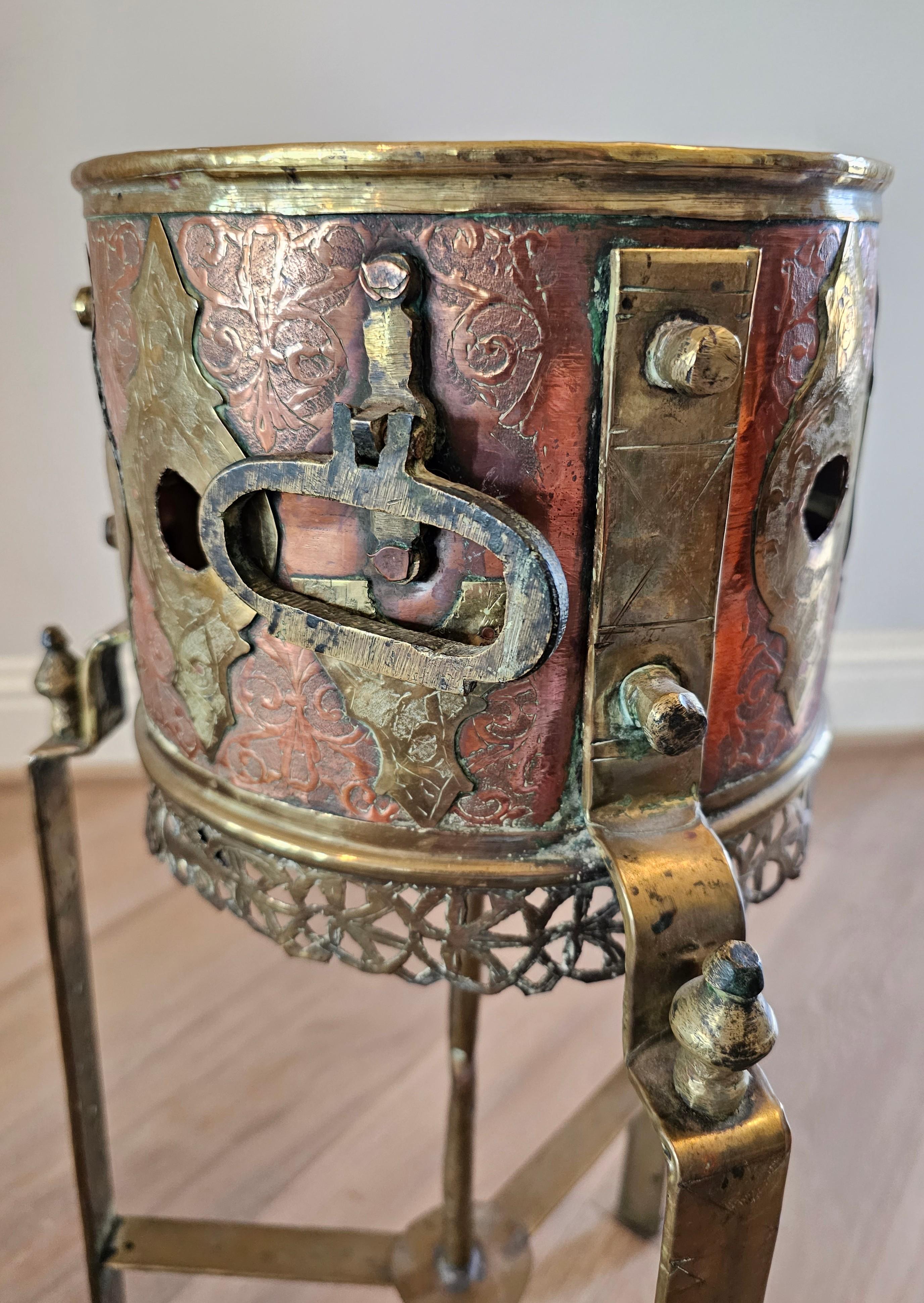 Antique Moroccan Copper Brass Kettle Warmer Brazier Now Plant Stand In Distressed Condition For Sale In Forney, TX