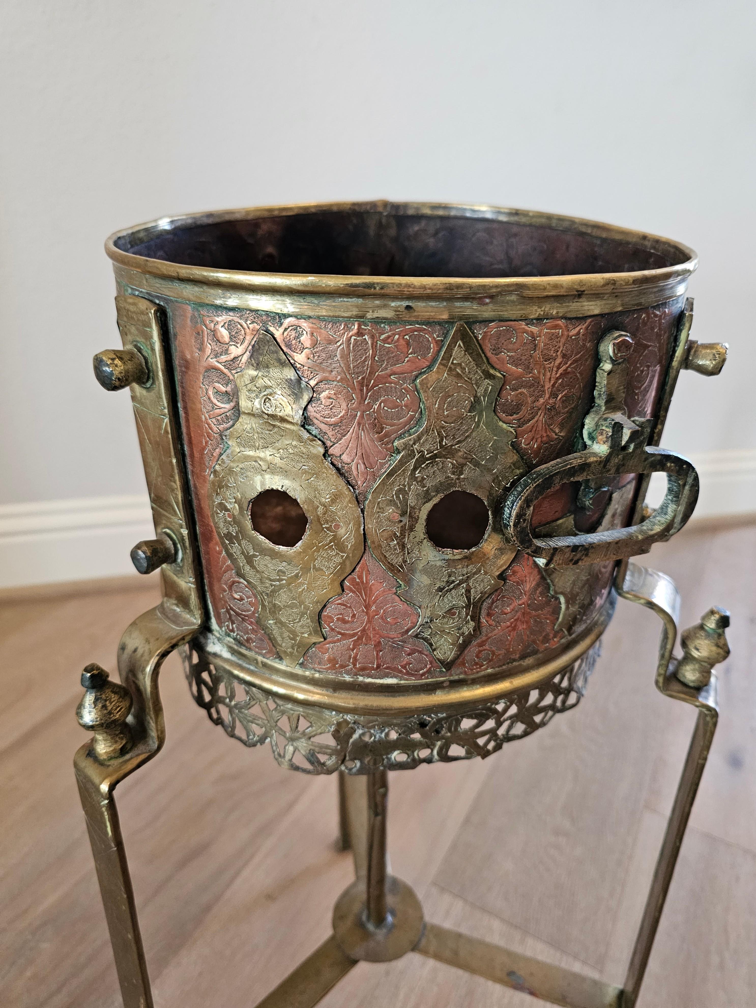 20th Century Antique Moroccan Copper Brass Kettle Warmer Brazier Now Plant Stand For Sale