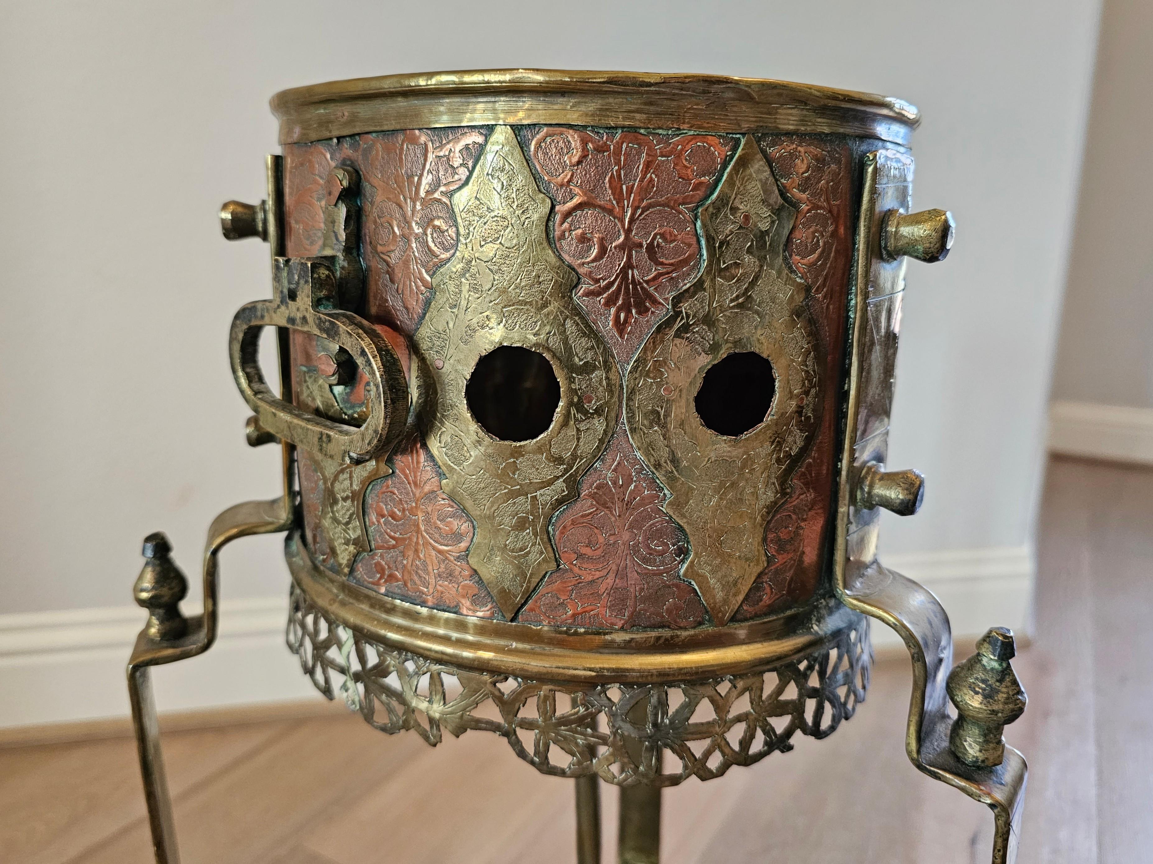 Metal Antique Moroccan Copper Brass Kettle Warmer Brazier Now Plant Stand For Sale