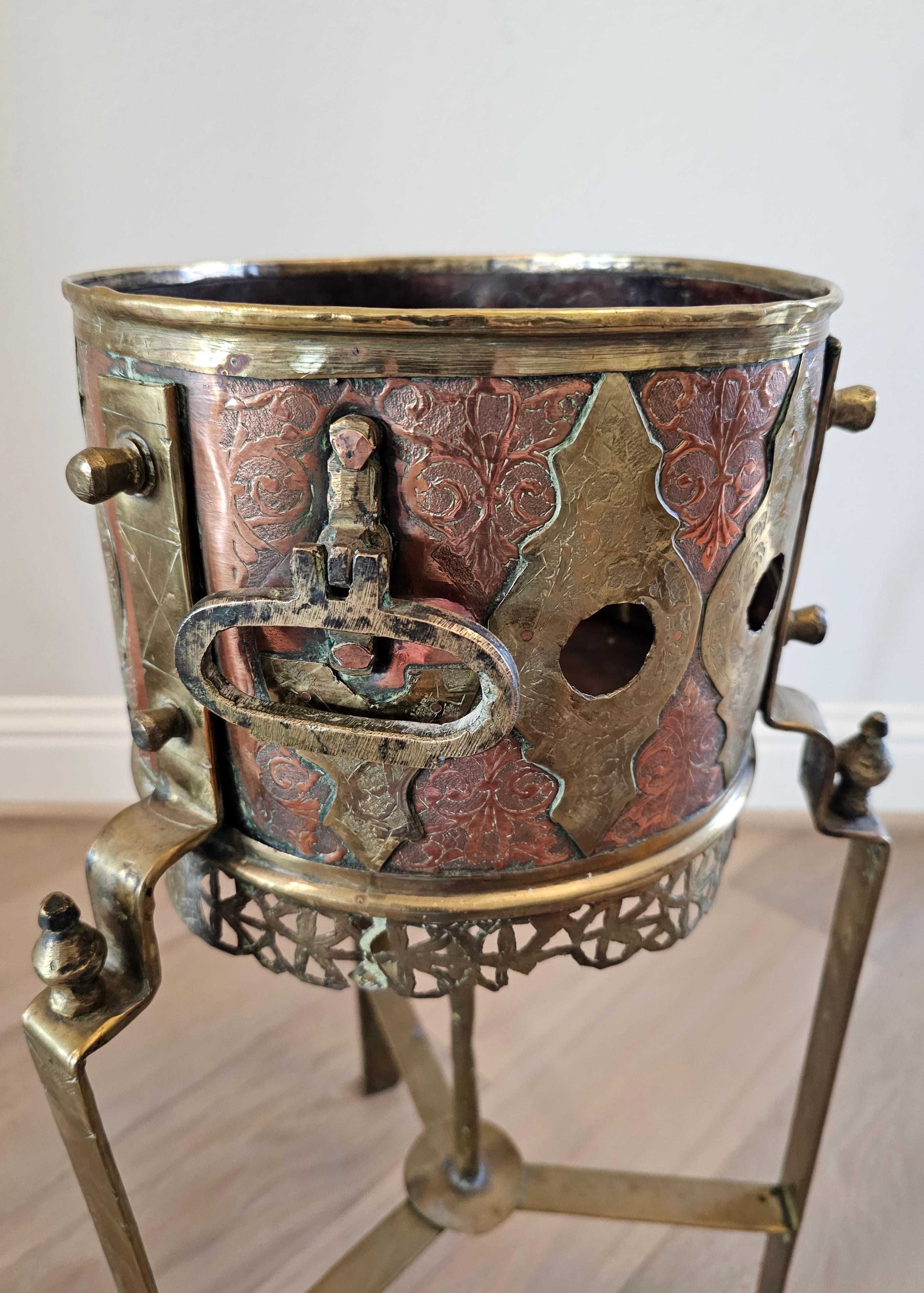 Antique Moroccan Copper Brass Kettle Warmer Brazier Now Plant Stand For Sale 1
