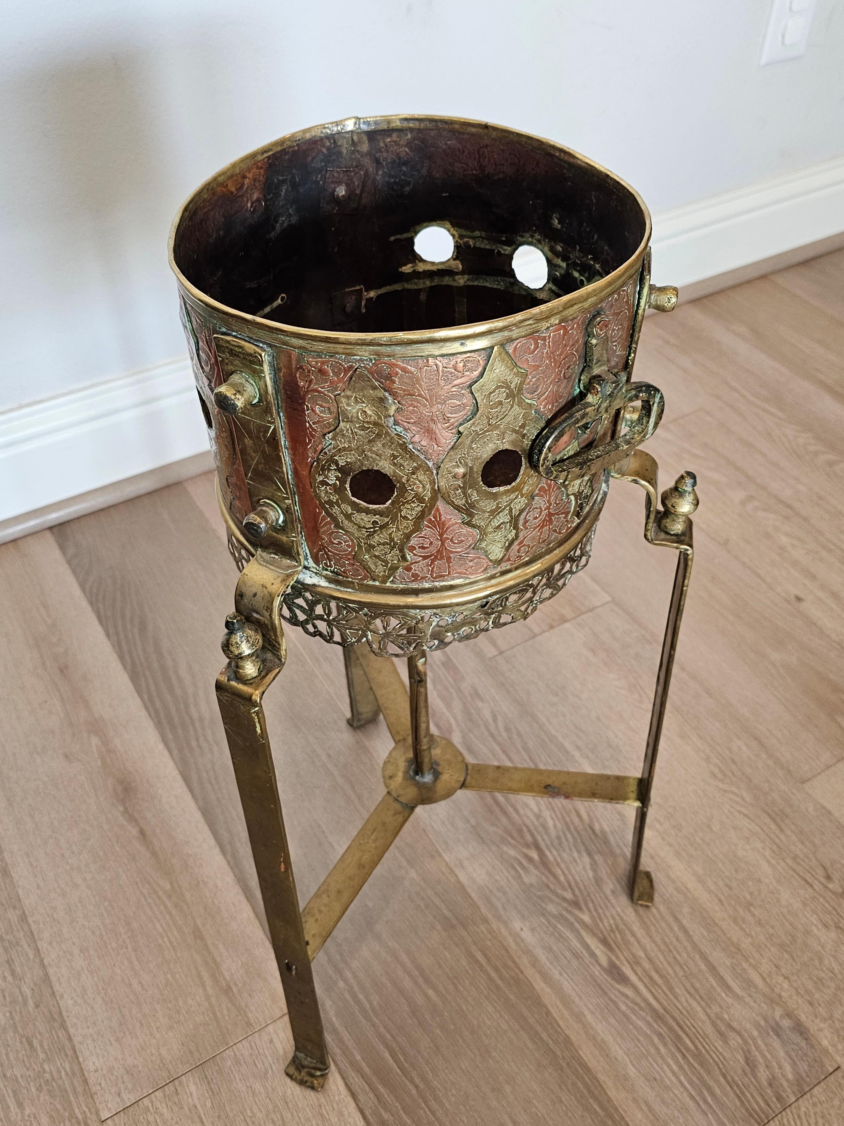 Antique Moroccan Copper Brass Kettle Warmer Brazier Now Plant Stand For Sale 2