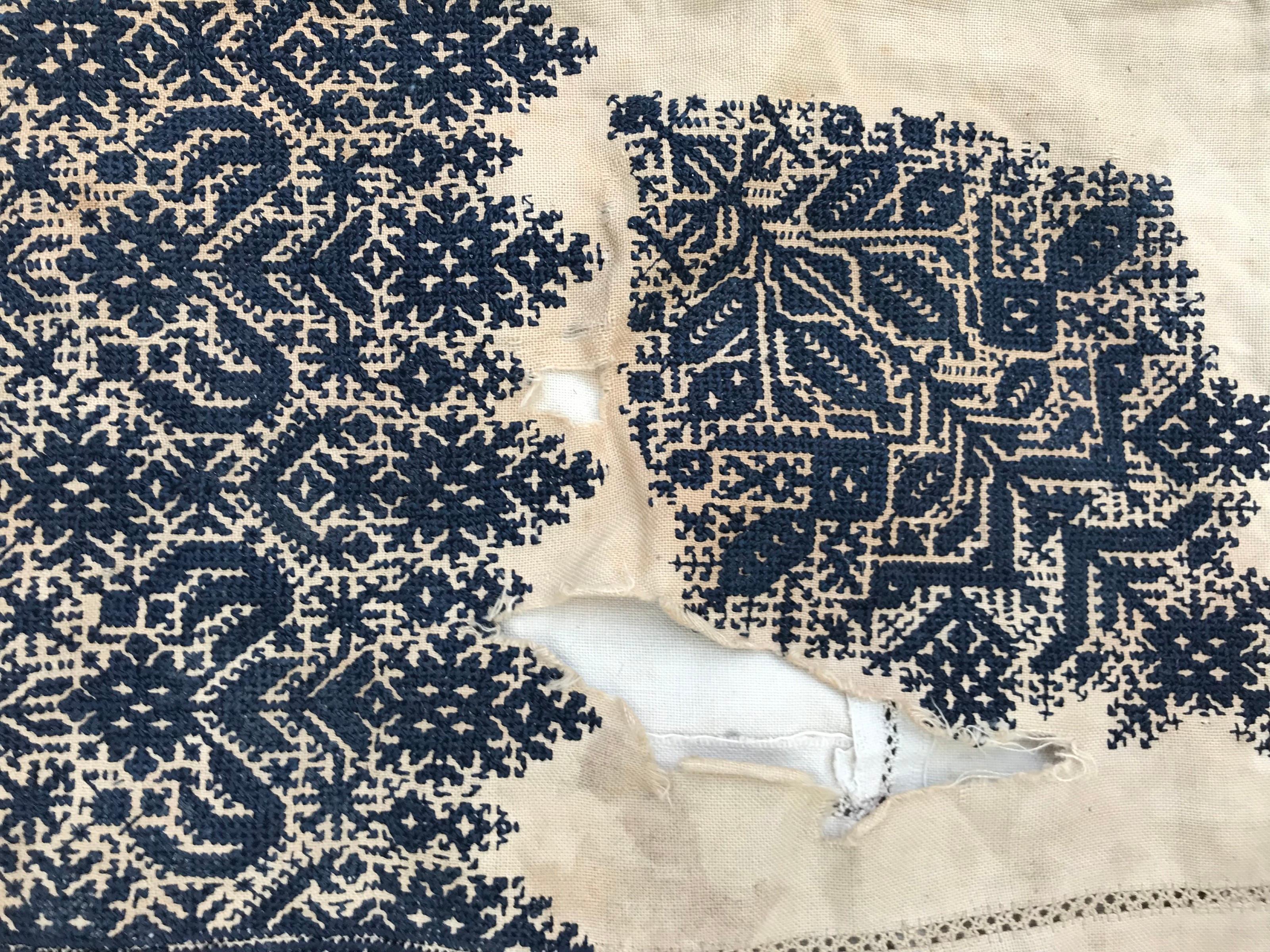 Beautiful and very fine embroidery from Fez, Morocco, blue silk hand embroidered on cotton foundation.